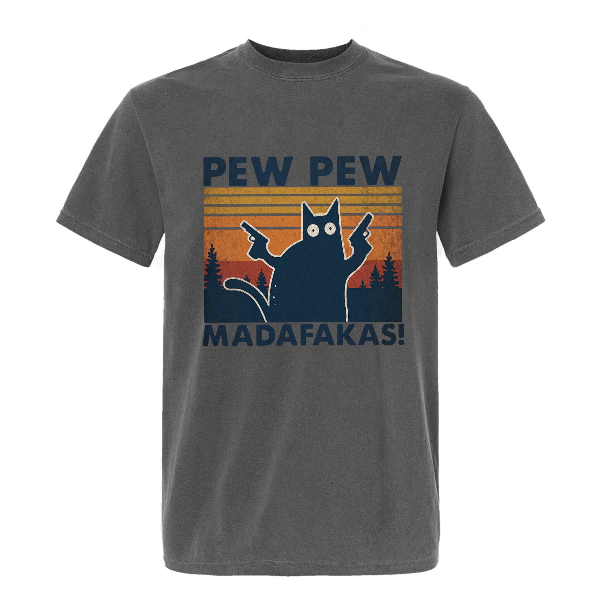 Gray funny graphic t-shirt with a graphic of a cat holding a gun and text "Pew Pew Madafakas!"