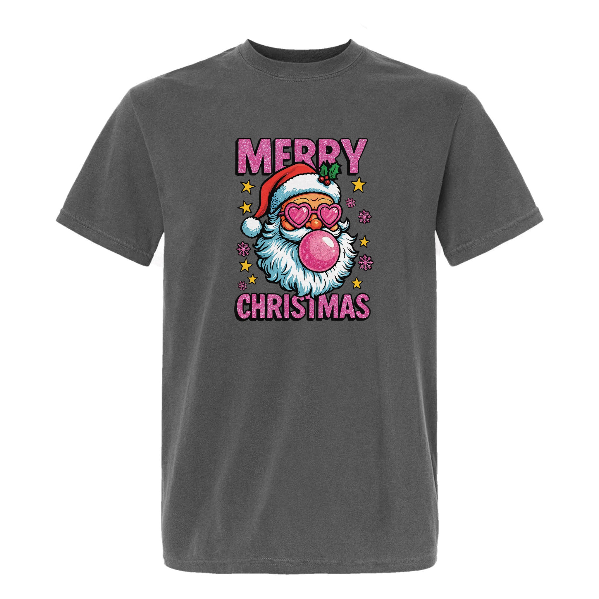 Gray Christmas graphic t-shirt featuring Santa with heart-shaped glasses blowing pink bubbles and the text 'Merry Christmas'.