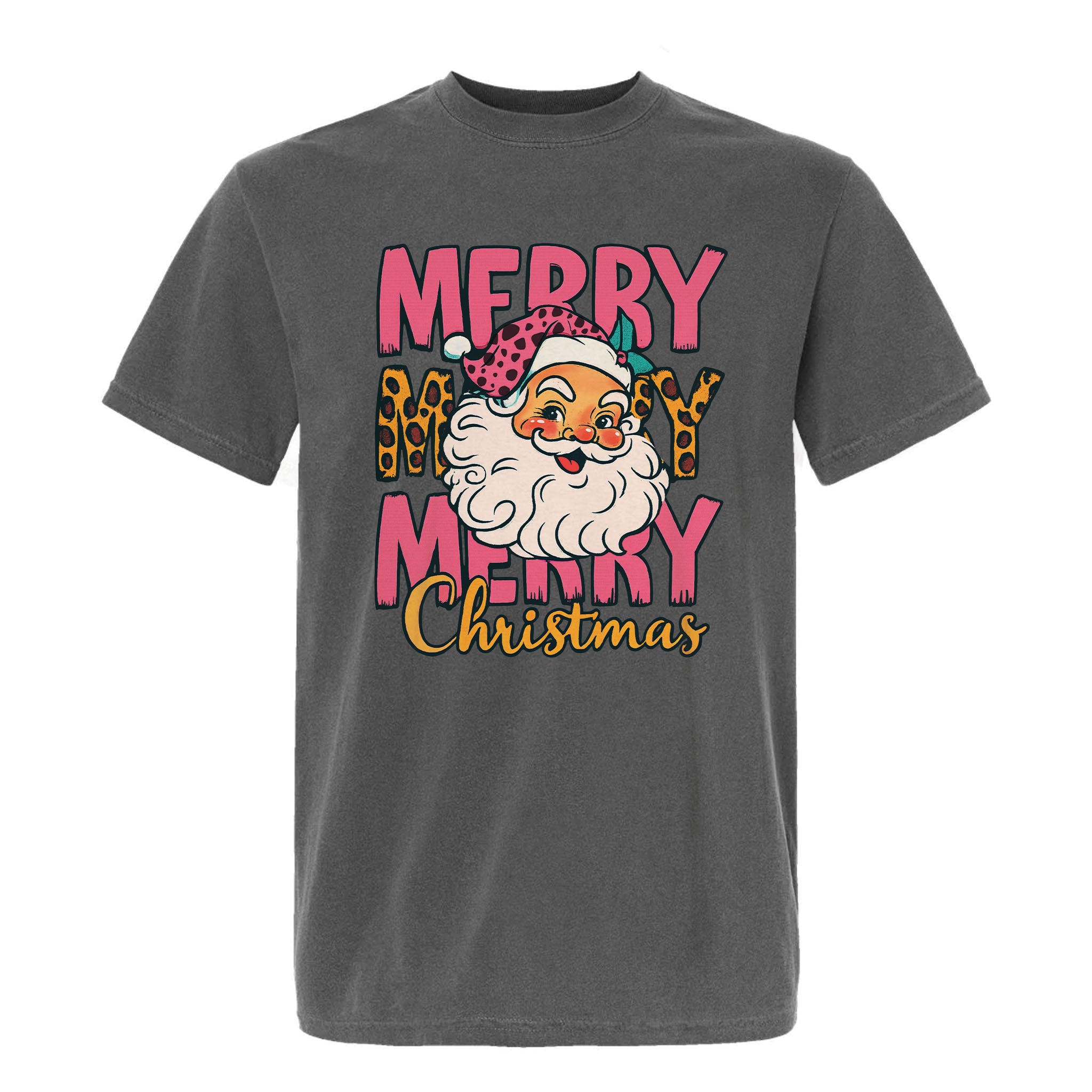 Gray Christmas graphic t-shirt with a colorful Santa Claus graphic and 'Merry Christmas' text.