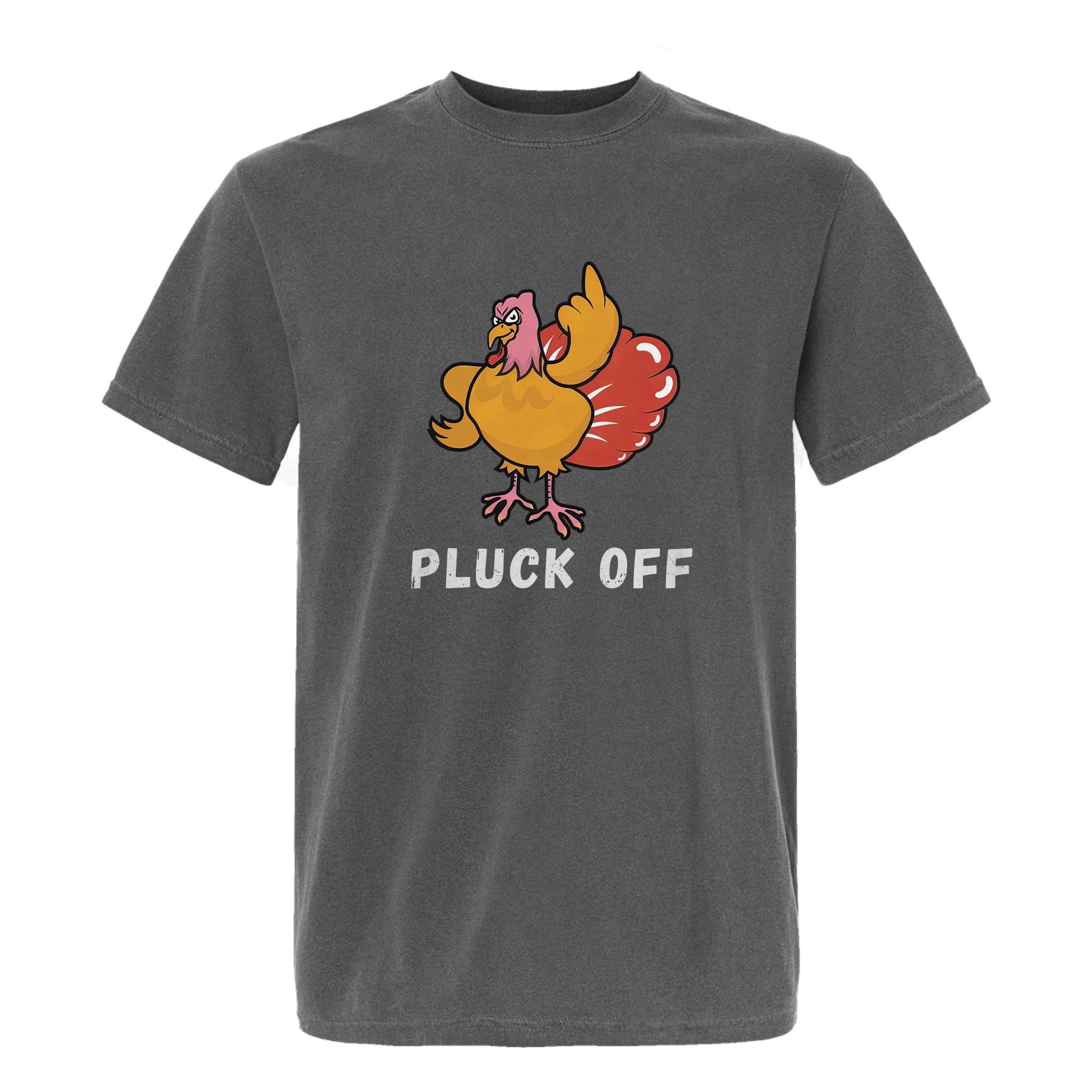 Gray Thanksgiving graphic t-shirt with text 'Pluck Off'