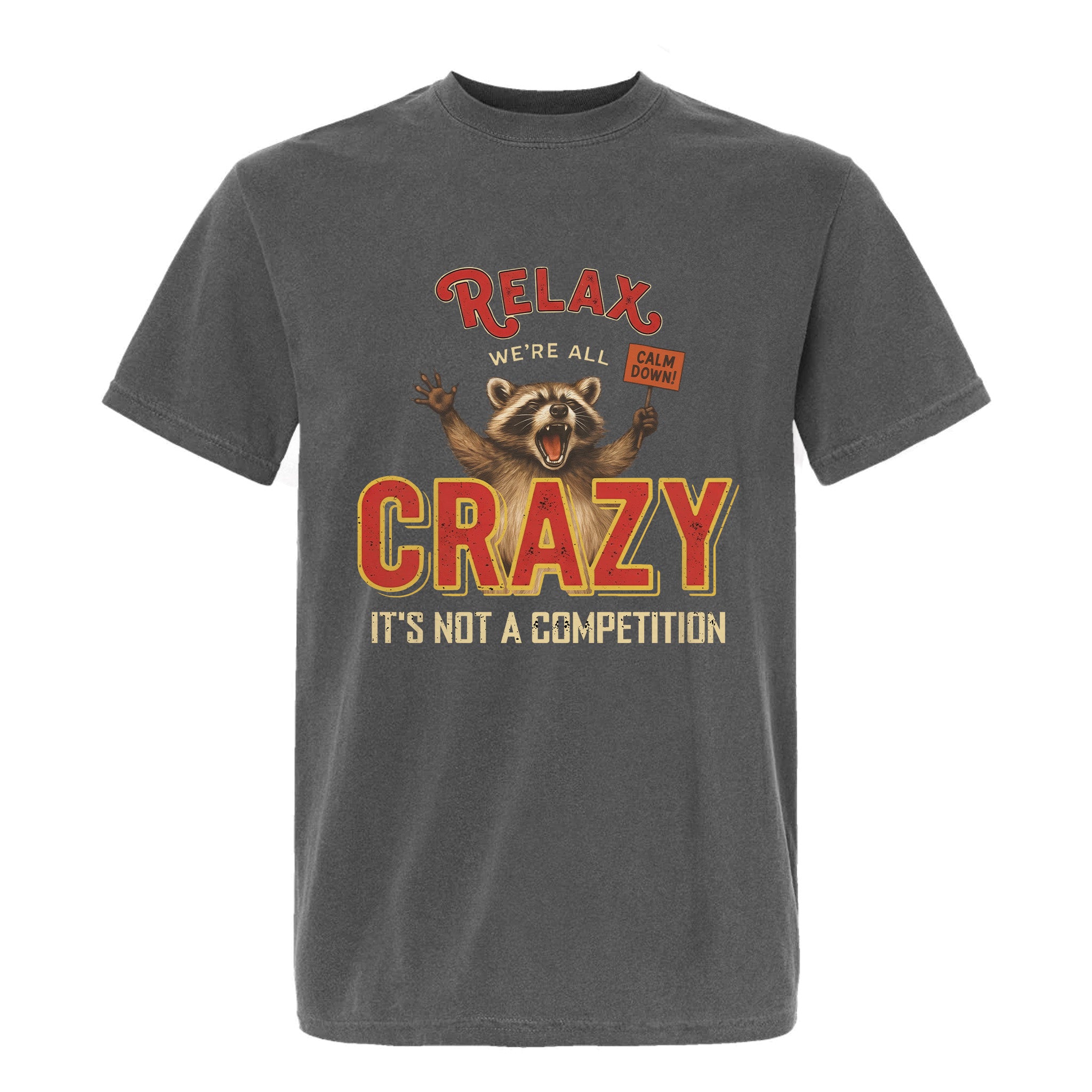 Gray funny graphic t-shirt with a graphic of a raccoon and text "Relax We're All Crazy It's Not A Competition"