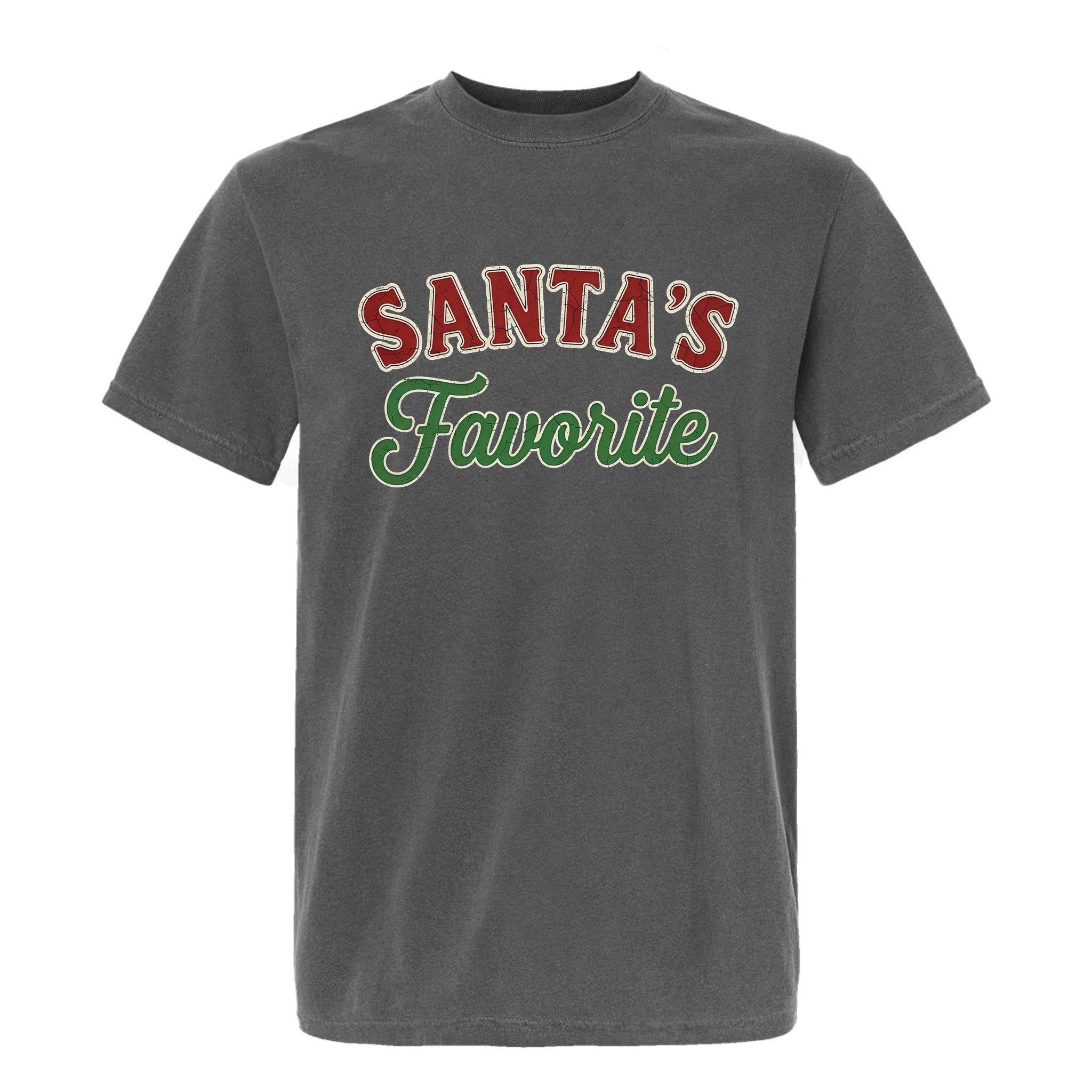 Gray Christmas graphic t-shirt with text "Santa's Favorite".