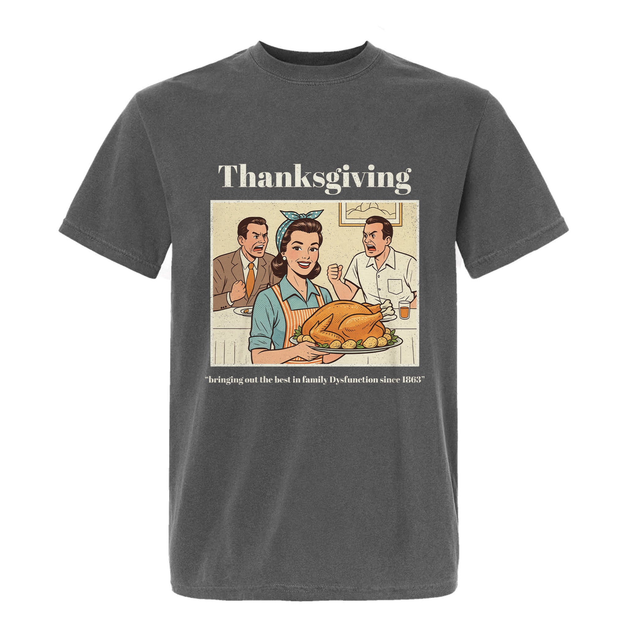 Gray Thanksgiving graphic t-shirt with a graphic of a family around a Thanksgiving turkey and text.