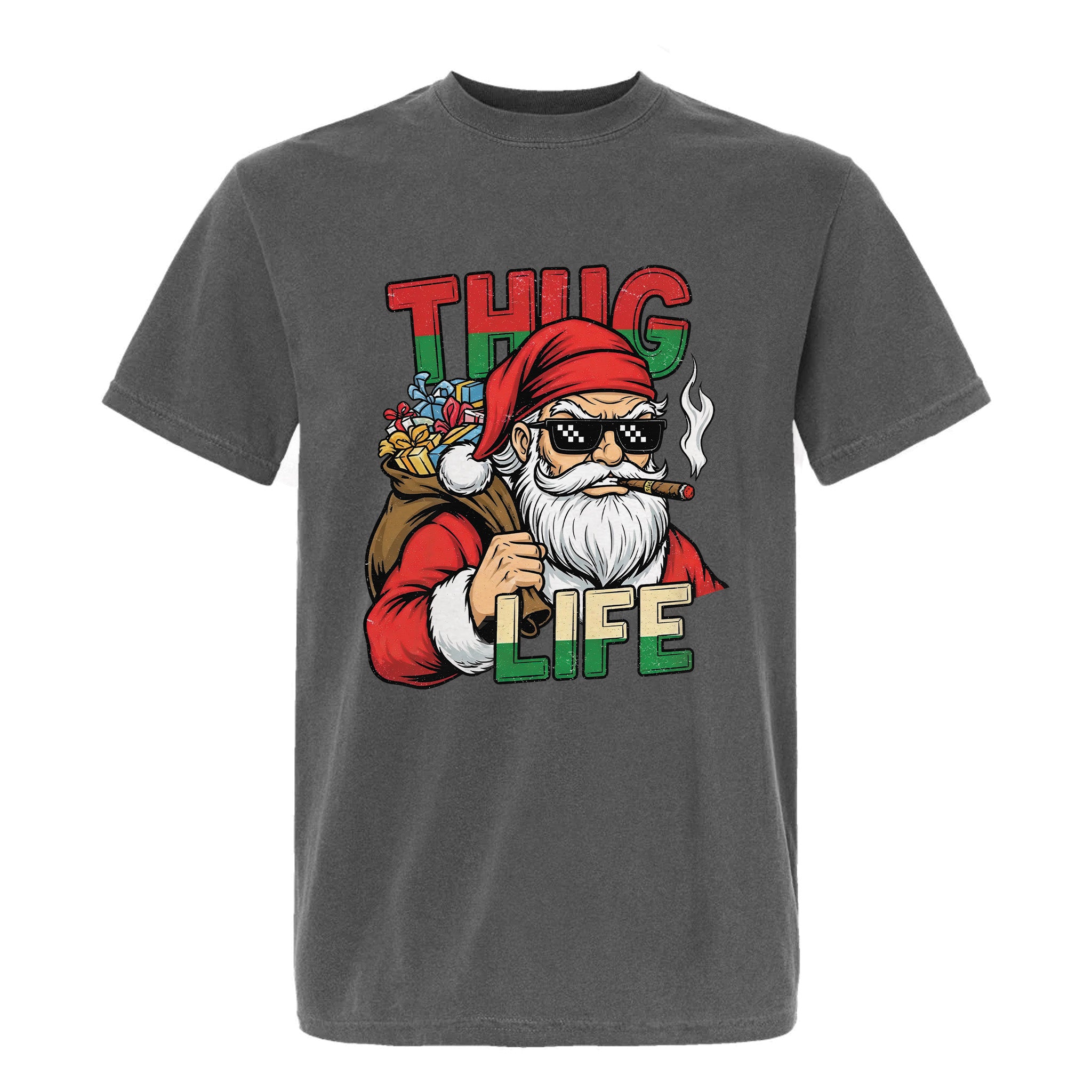 Gray Christmas graphic t-shirt with a graphic of a character wearing sunglasses and a red hat, with 'THUG LIFE' text.
