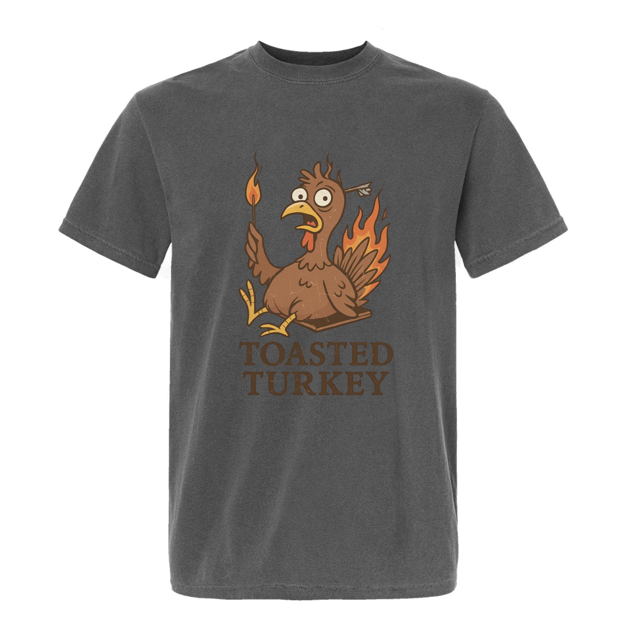 Gray Thanksgiving t-shirt with a cartoon turkey graphic and 'Toasted Turkey' text on a white background