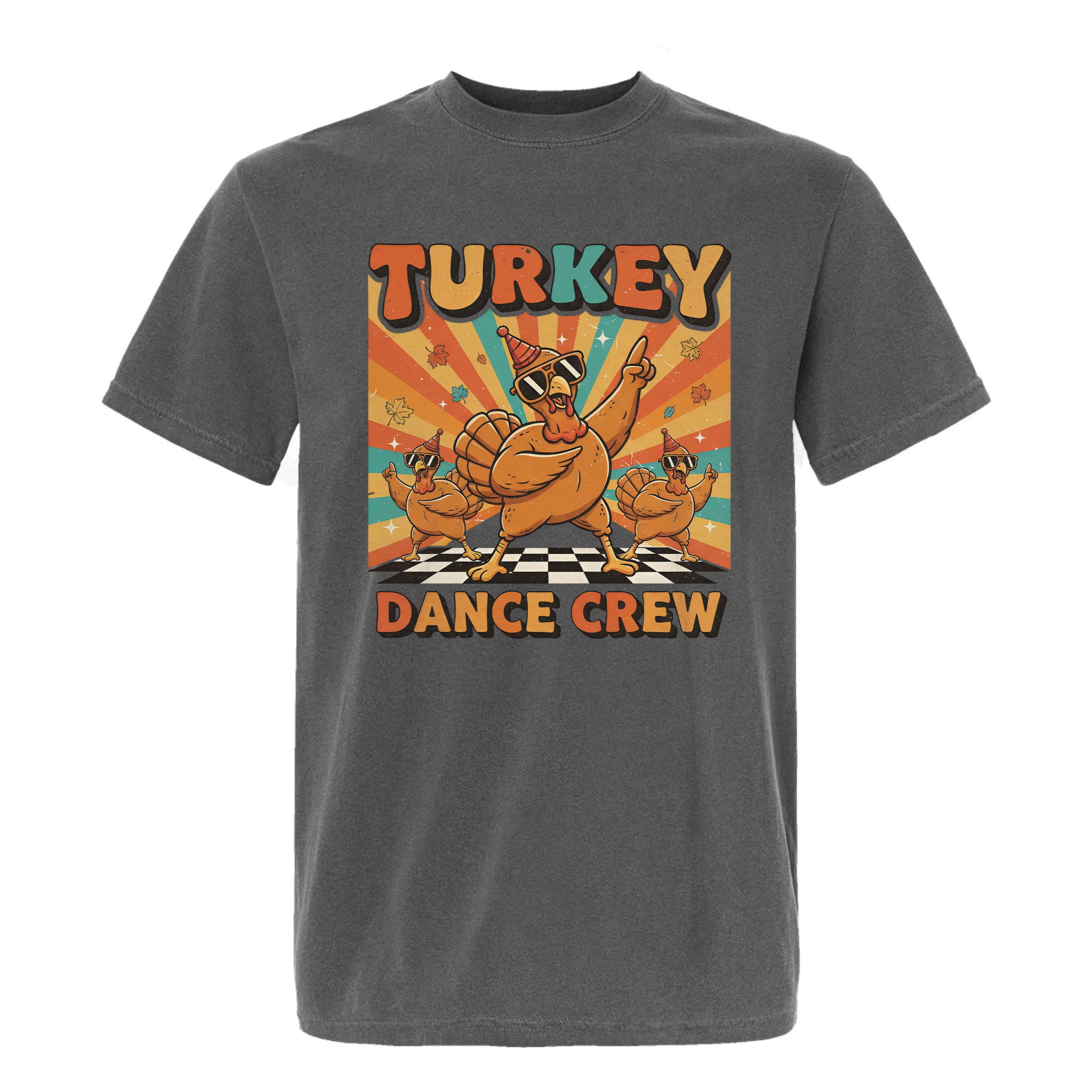 Gray Thanksgiving graphic t-shirt with a 'Turkey Dance Crew' graphic design on a white background