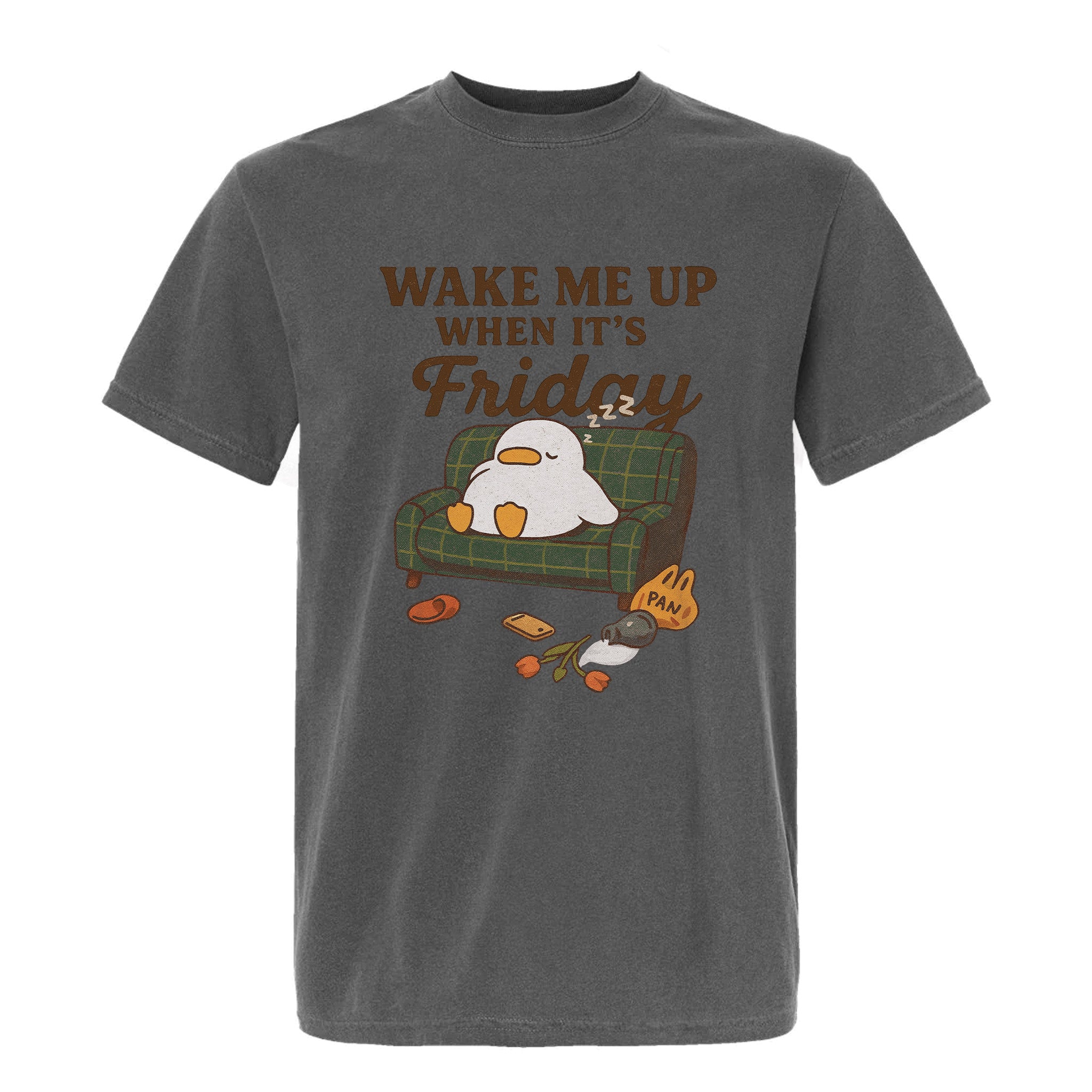 Gray funny graphic t-shirt with cartoon duck on a couch and text "Wake Me Up When It's Friday".