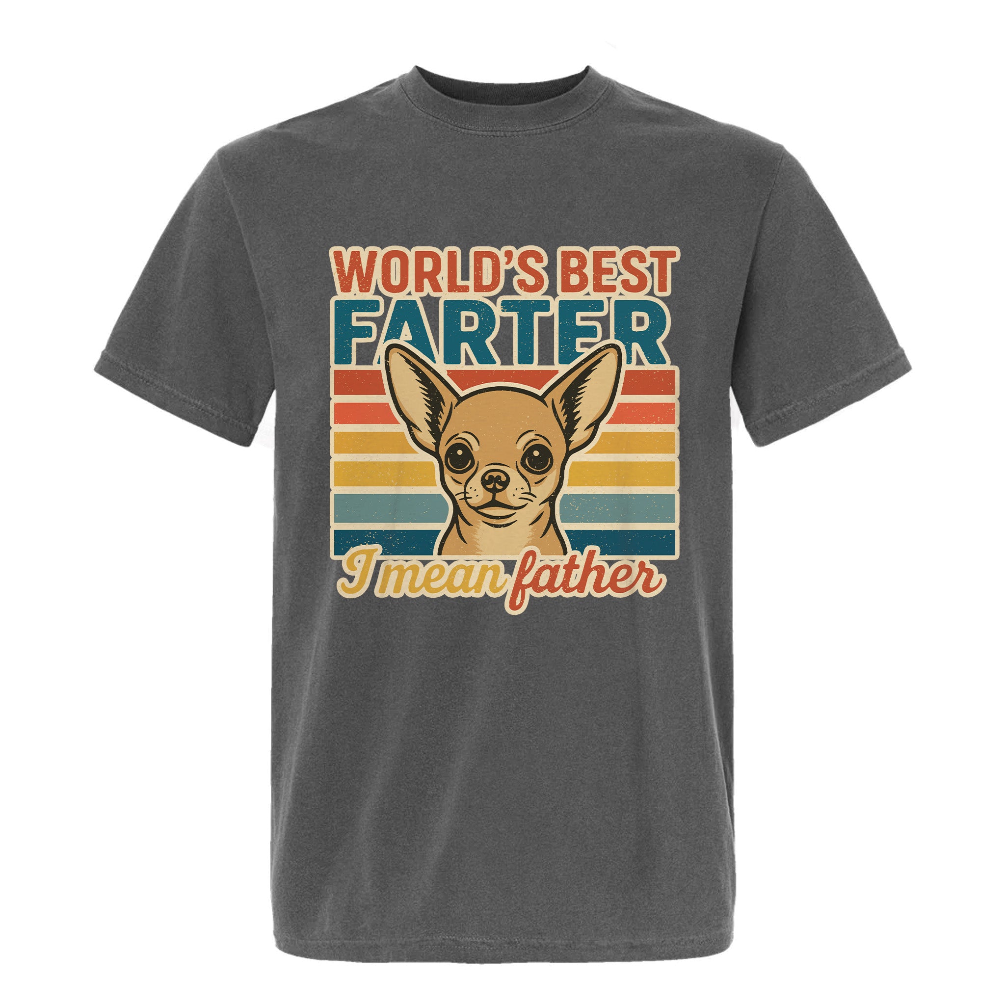 Gray funny graphic t-shirt with dog and text 'World's Best Farter I Mean Father'
