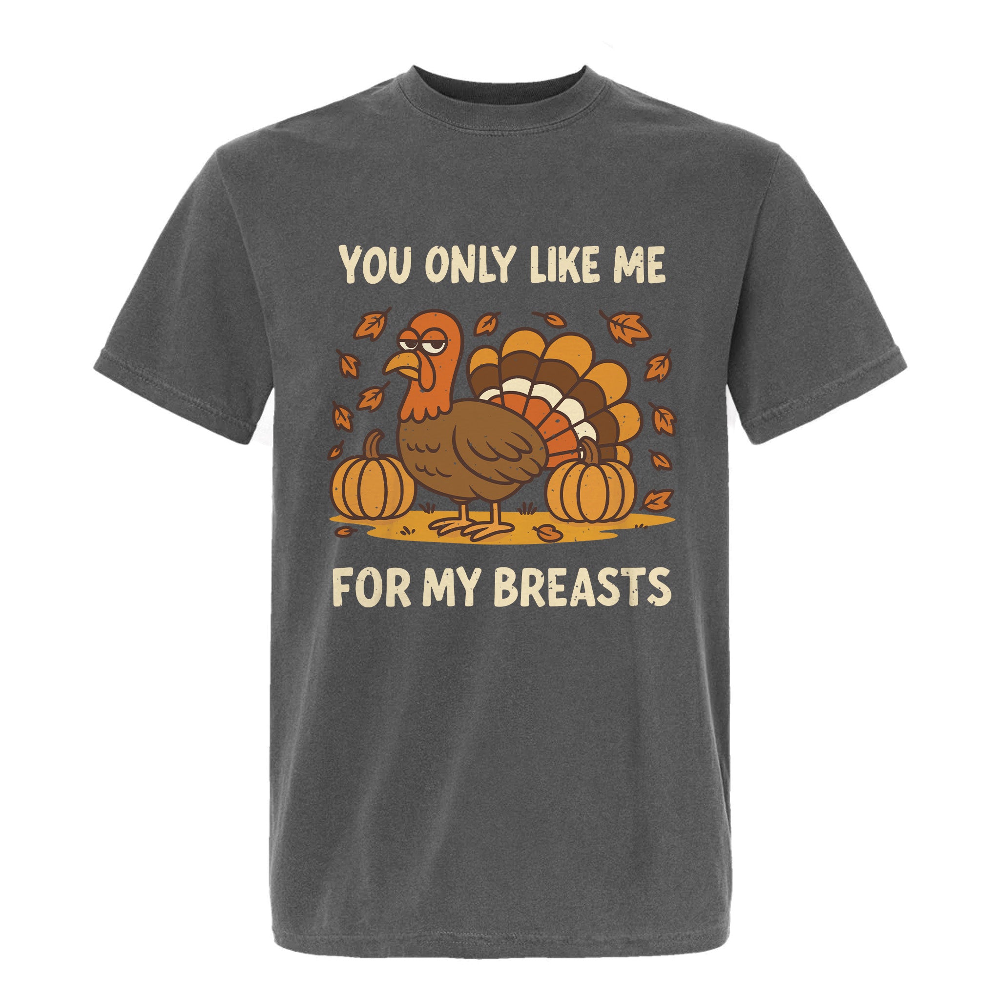 Gray Thanksgiving t-shirt with a turkey graphic and text 'You only like me for my breasts'