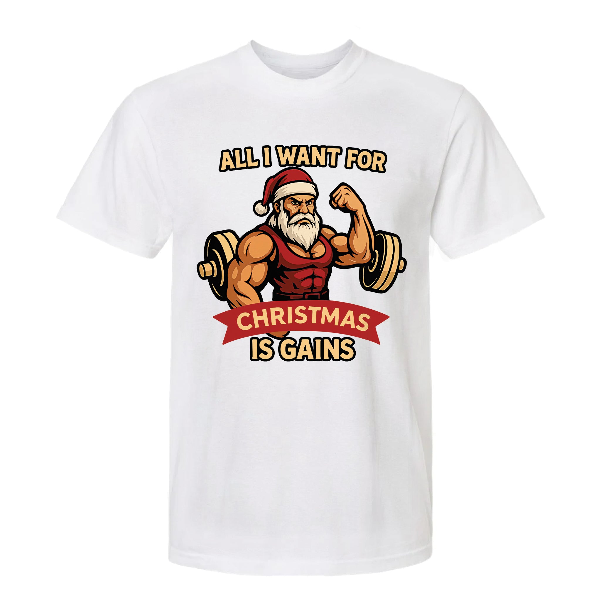 Christmas graphic t-shirt with text 'All I Want For Christmas Is Gains'