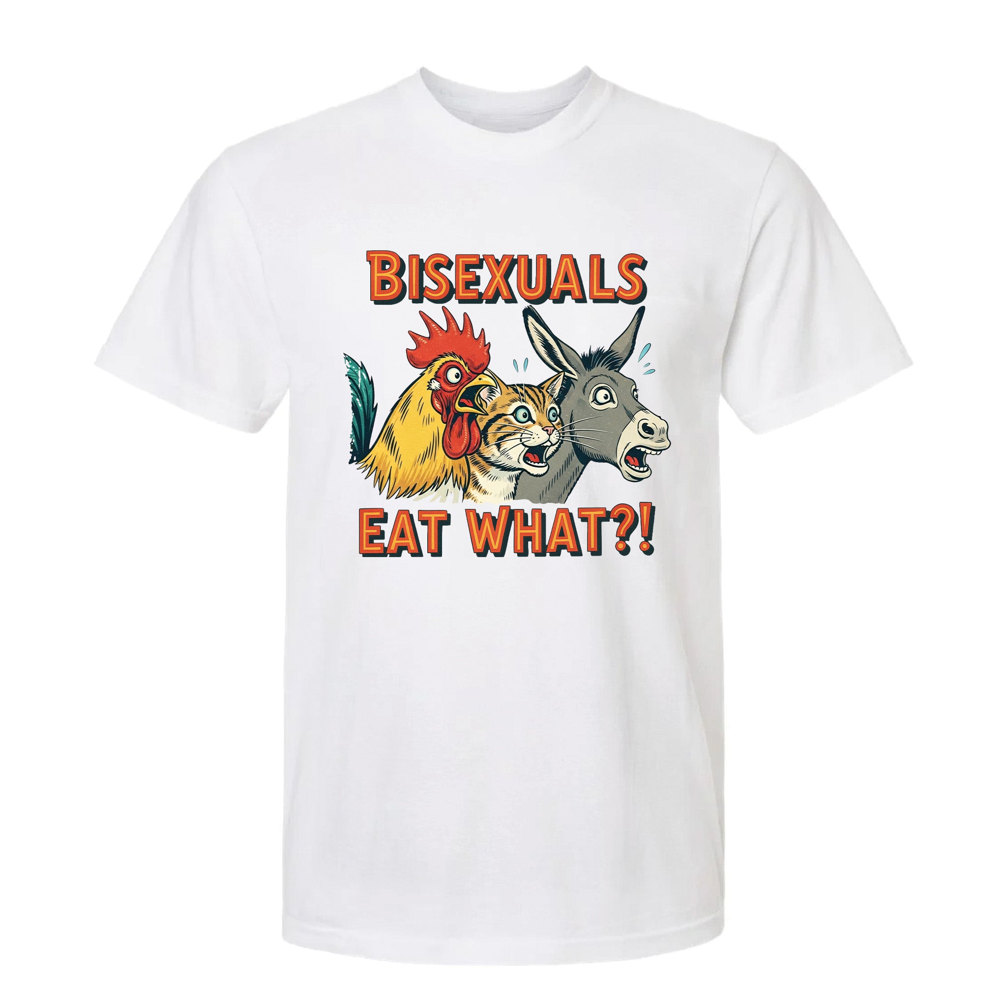 White funny graphic t-shirt with animal graphics and text 'Bisexuals Eat What'