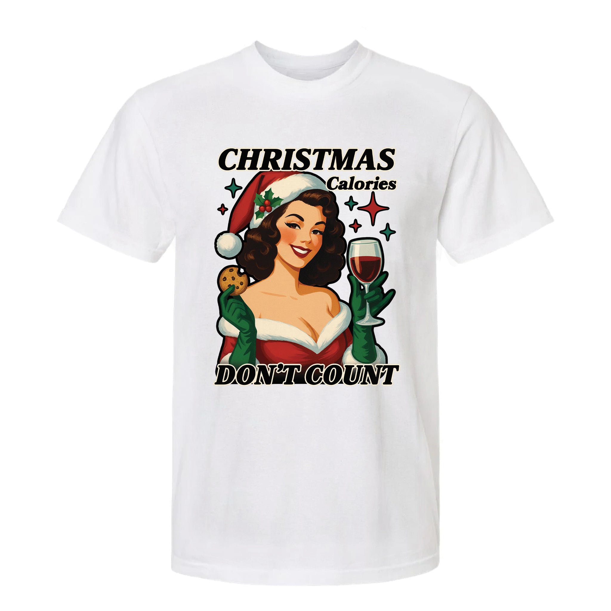 White Christmas graphic t-shirt with text 'Christmas Calories, Don't Count'