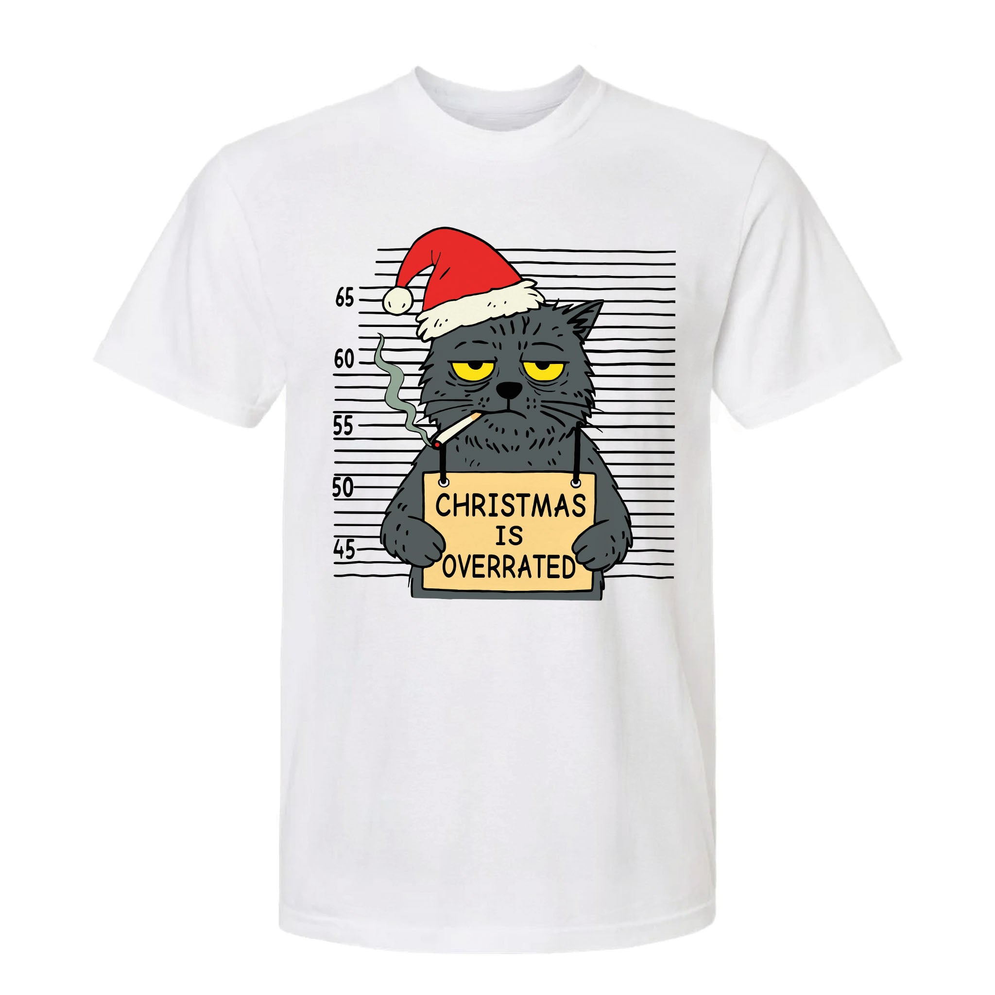 White Christmas t-shirt with a graphic of a cat in a Santa hat holding a sign saying 'Christmas is Overrated'