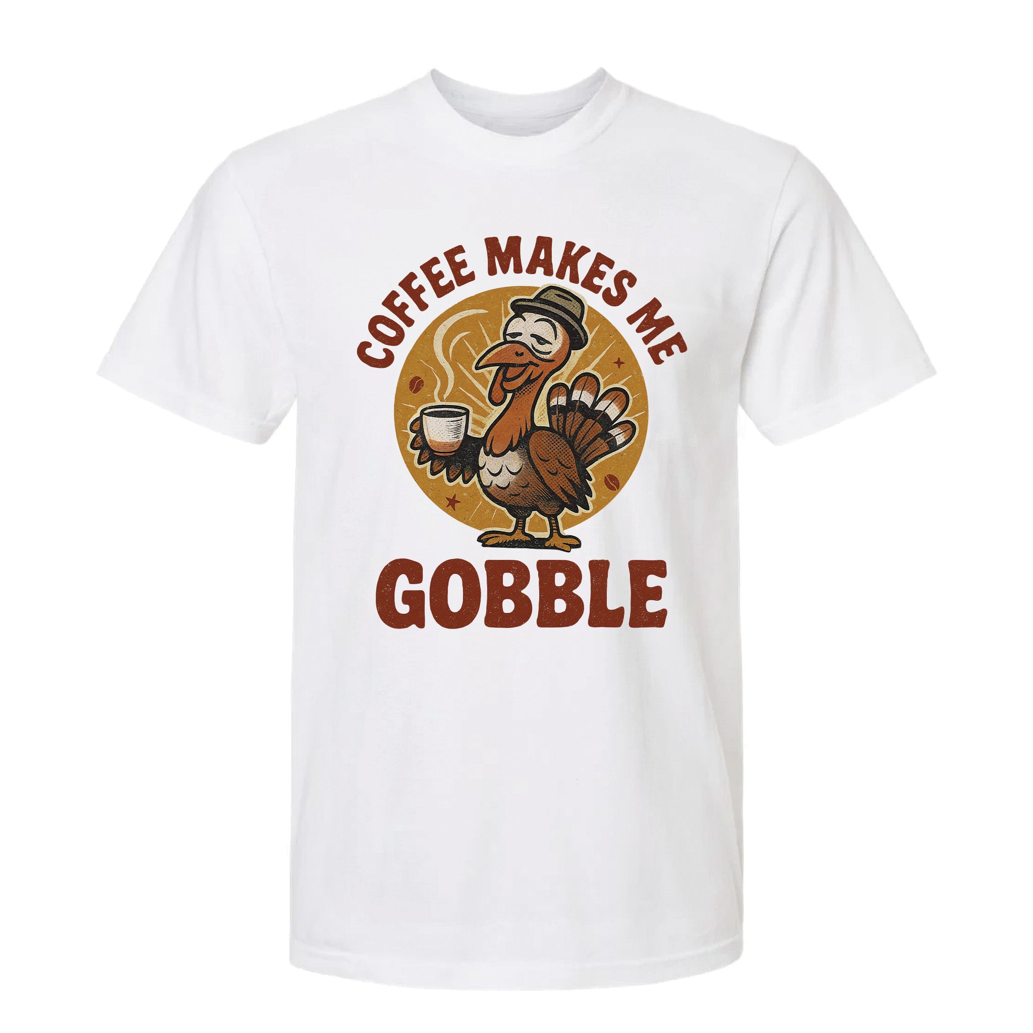 White Thanksgiving graphic t-shirt with a turkey graphic and text 'Coffee Makes Me Gobble'.
