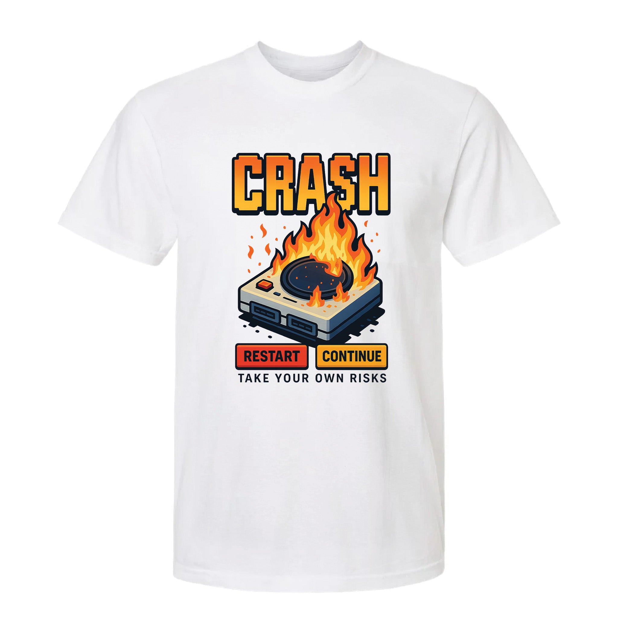 White funny graphic t-shirt with a flaming game console illustration and the text 'Crash Restart Continue Take Your Own Risks'.