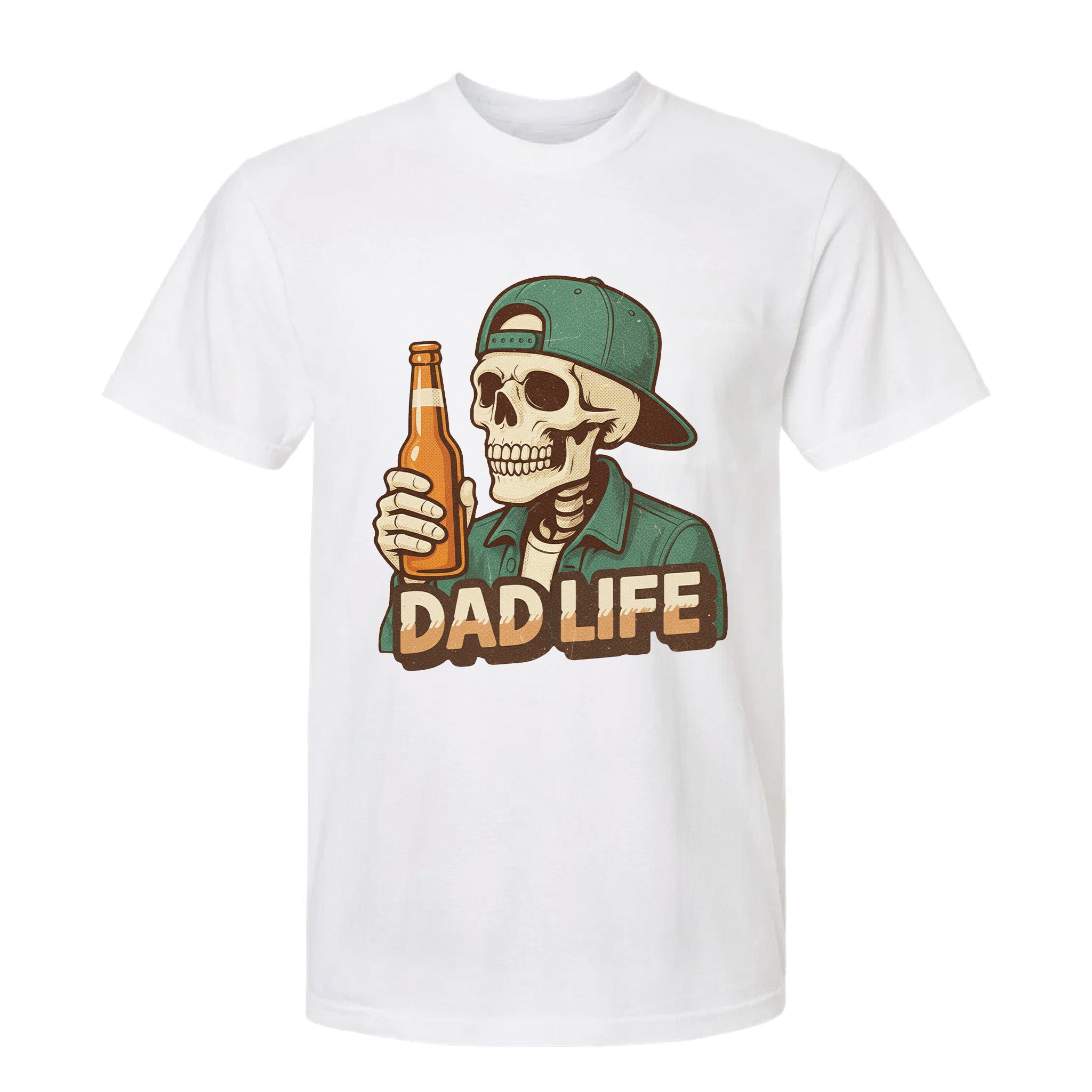 White funny graphic t-shirt with a graphic of a skeleton wearing a cap and holding a beer bottle, labeled "Dad Life".