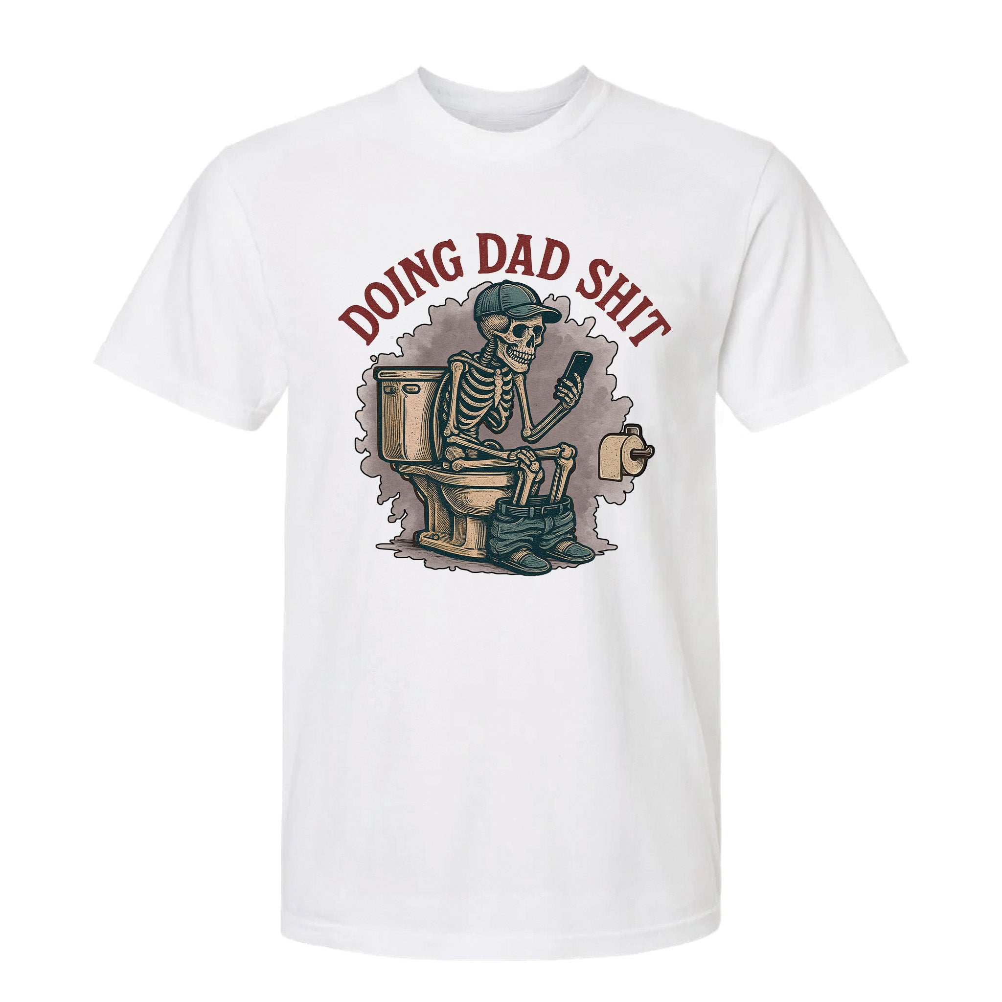 White funny graphic t-shirt with a skeleton graphic and text 'DOING DAD SHIT'