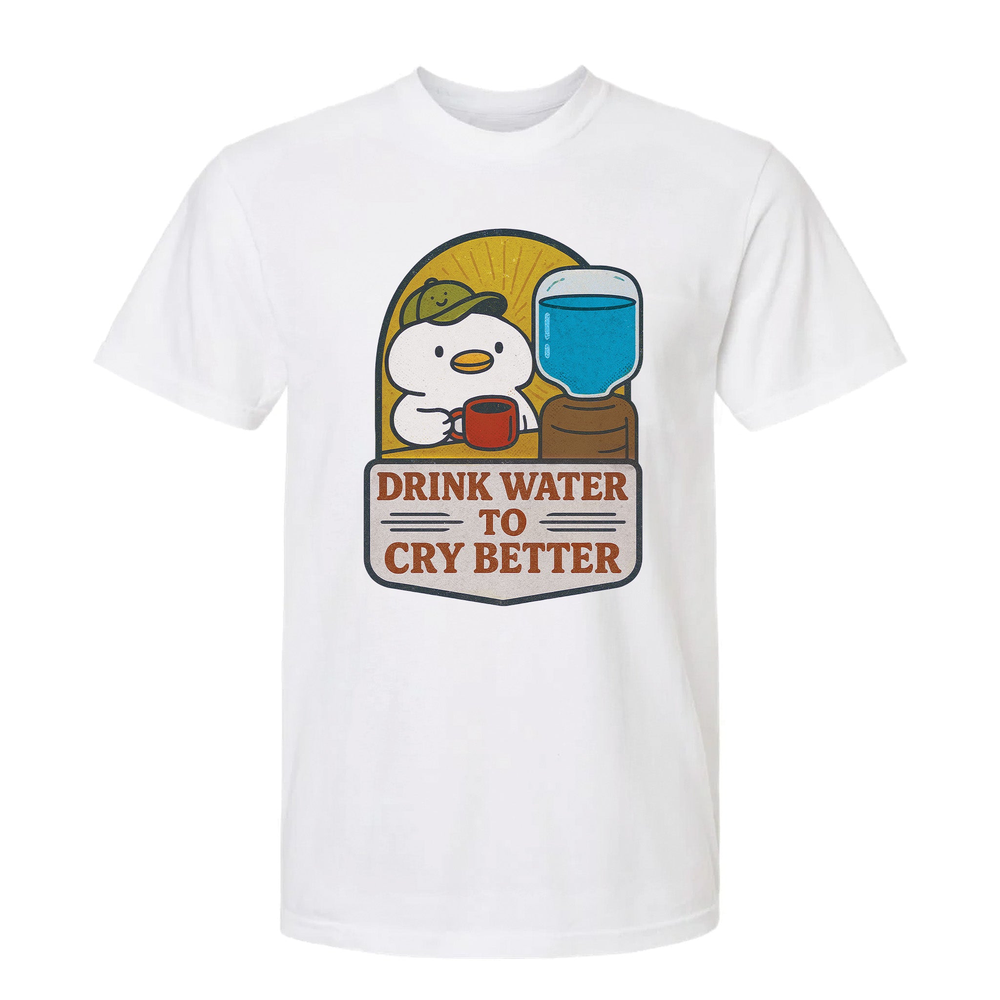 White funny graphic t-shirt with a graphic of a cartoon character, glass of water, and text "Drink Water to Cry Better".
