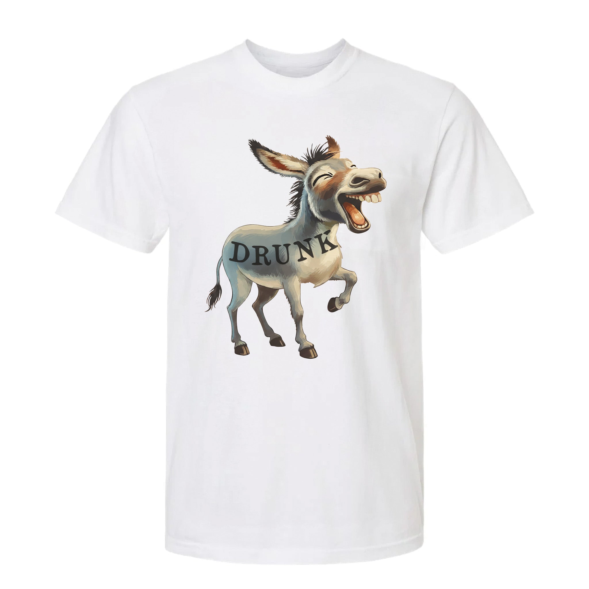 White funny graphic t-shirt with a cartoon donkey labeled 'DRUNK'