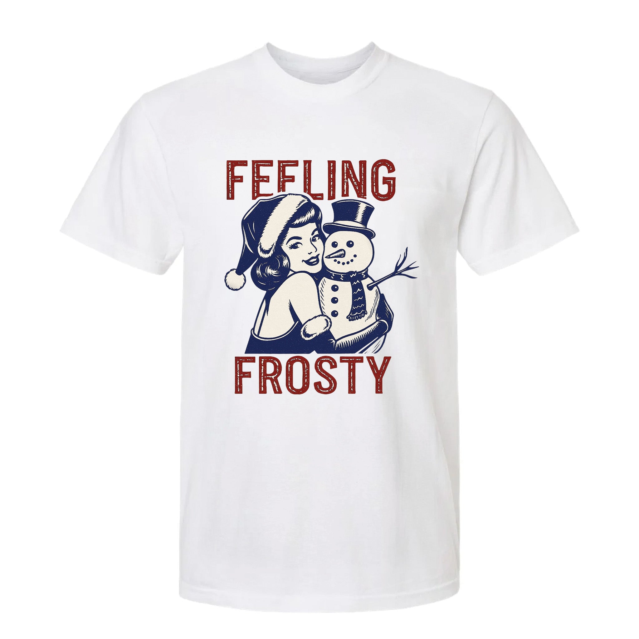 White Christmas graphic t-shirt with a graphic of a woman and snowman and text 'Feeling Frosty'.
