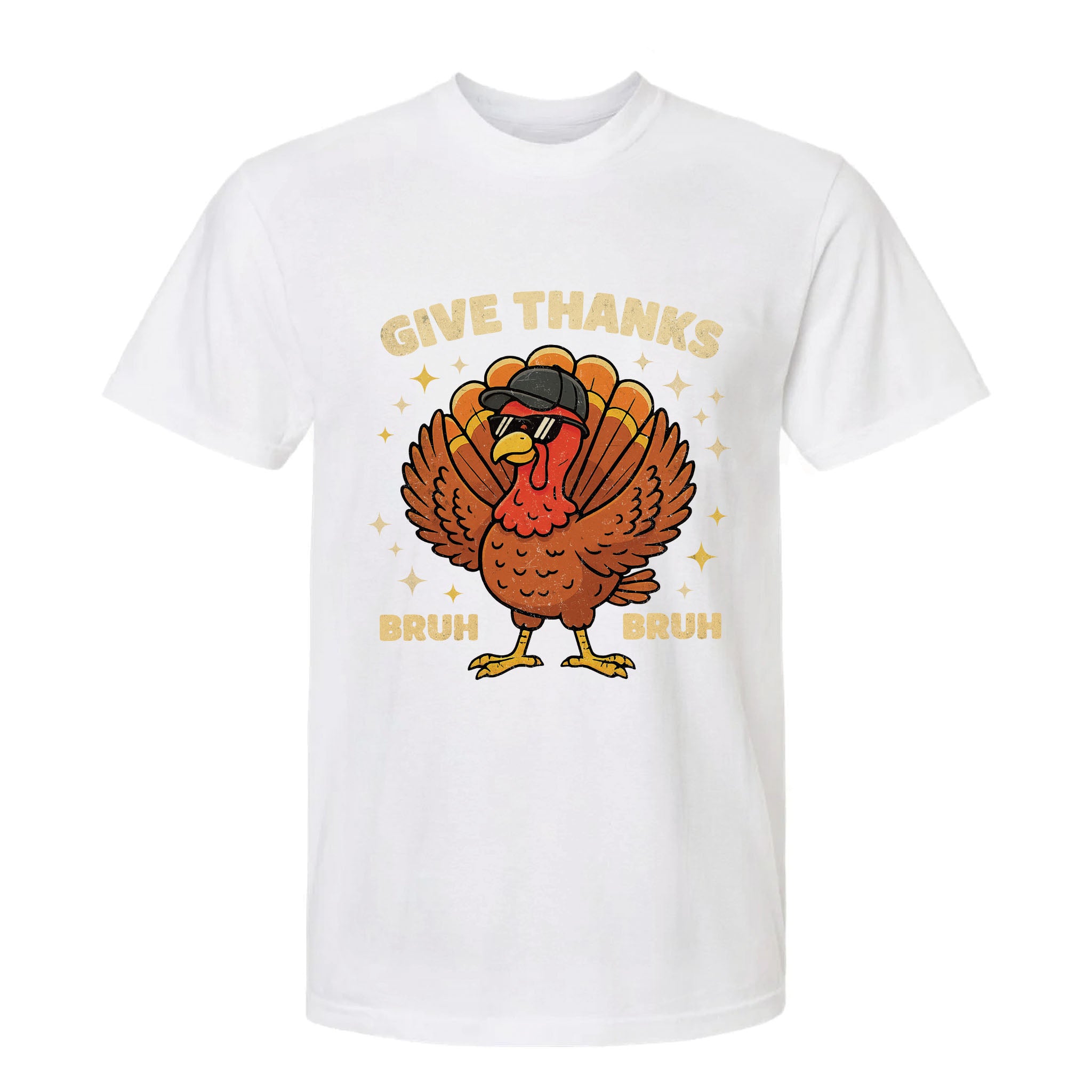 White Thanksgiving graphic t-shirt with a turkey graphic and text 'Give Thanks Bruh Bruh'.