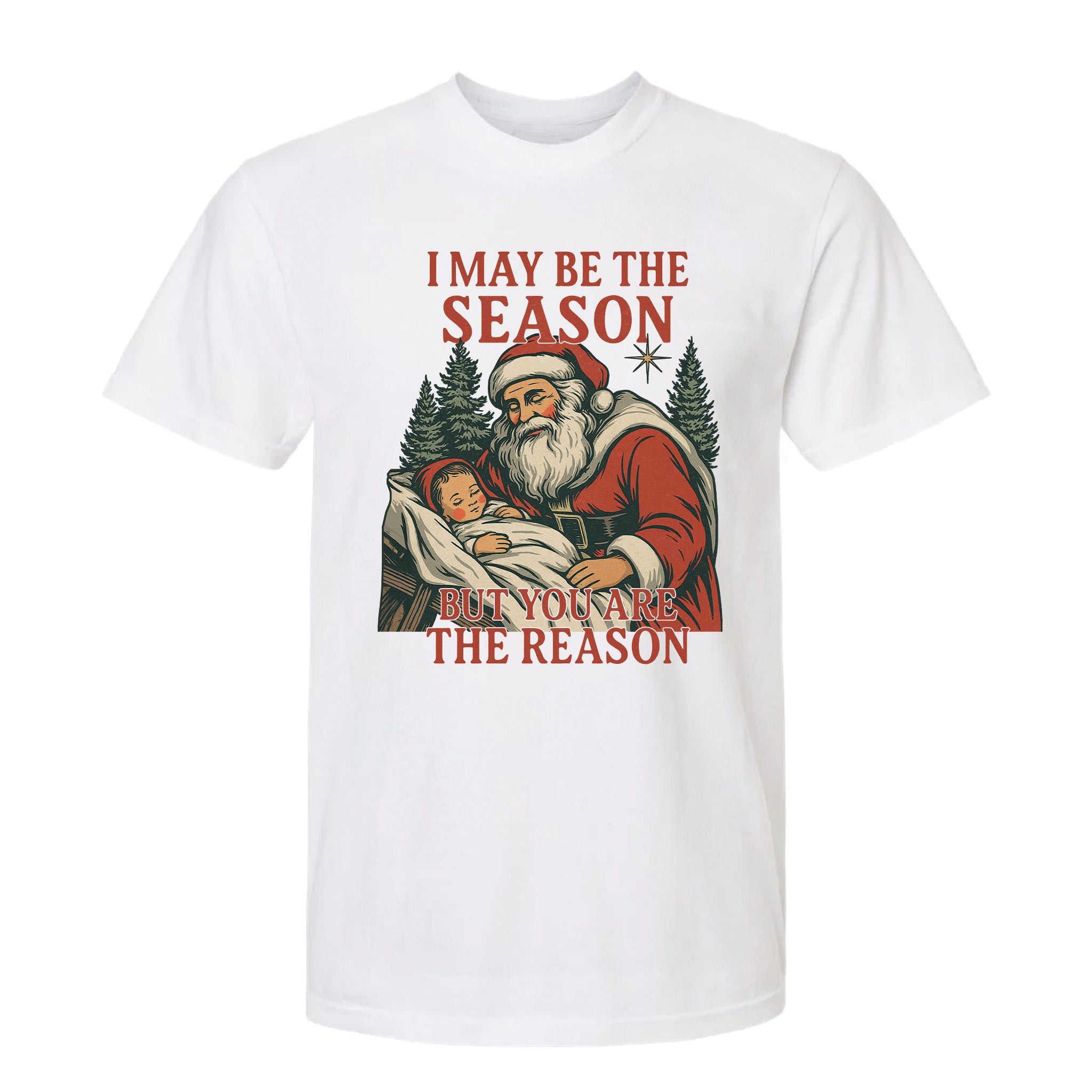 White Christmas graphic t-shirt with Santa holding a child and text ‘I May Be The Season But You Are The Reason’.