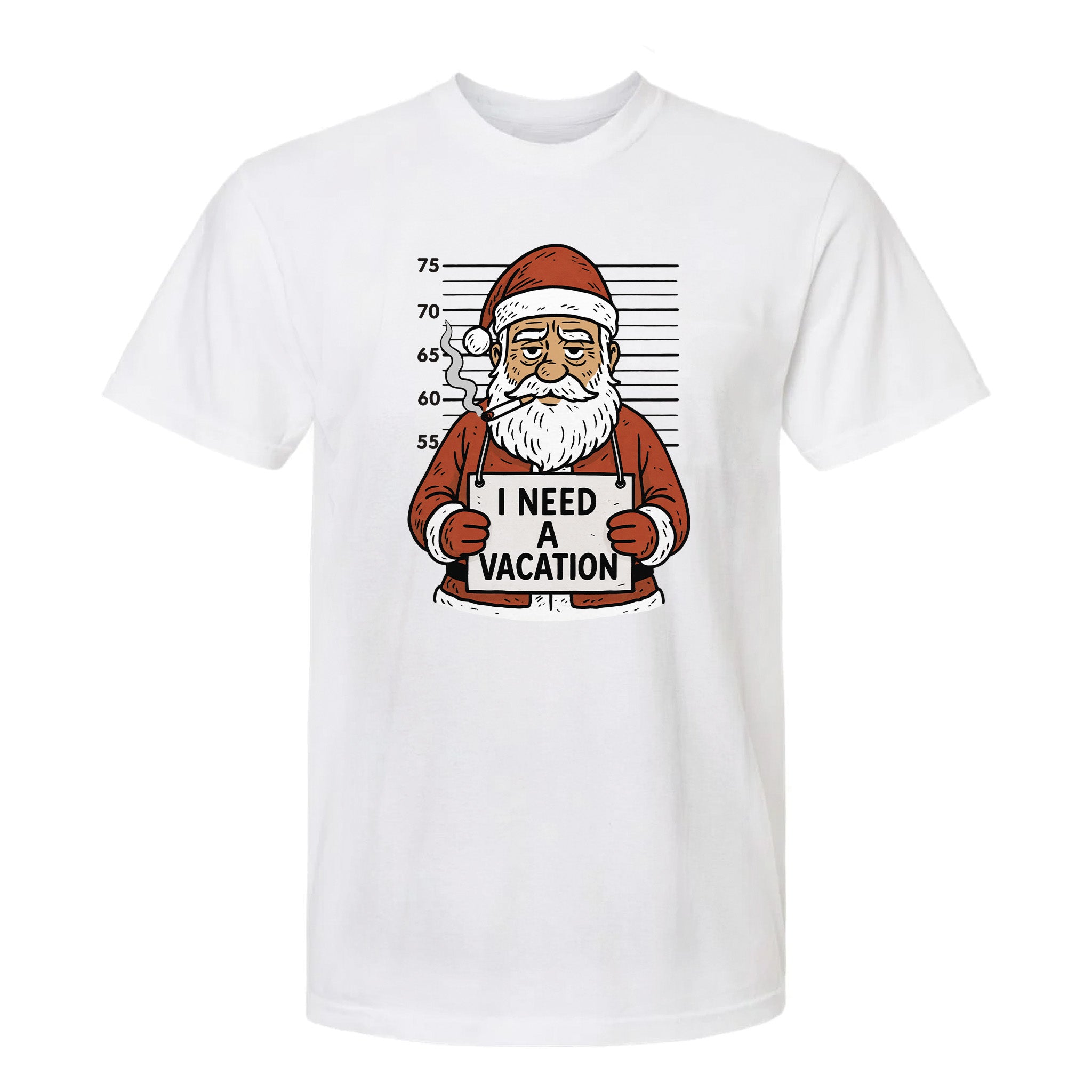White Christmas graphic t-shirt with Santa Claus holding an ‘I Need a Vacation’ sign.