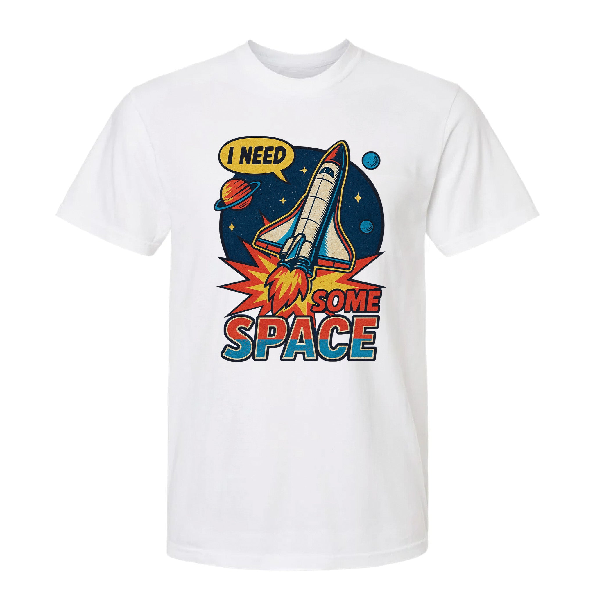 White funny graphic t-shirt with space-themed graphic and text 'I NEED SOME SPACE'