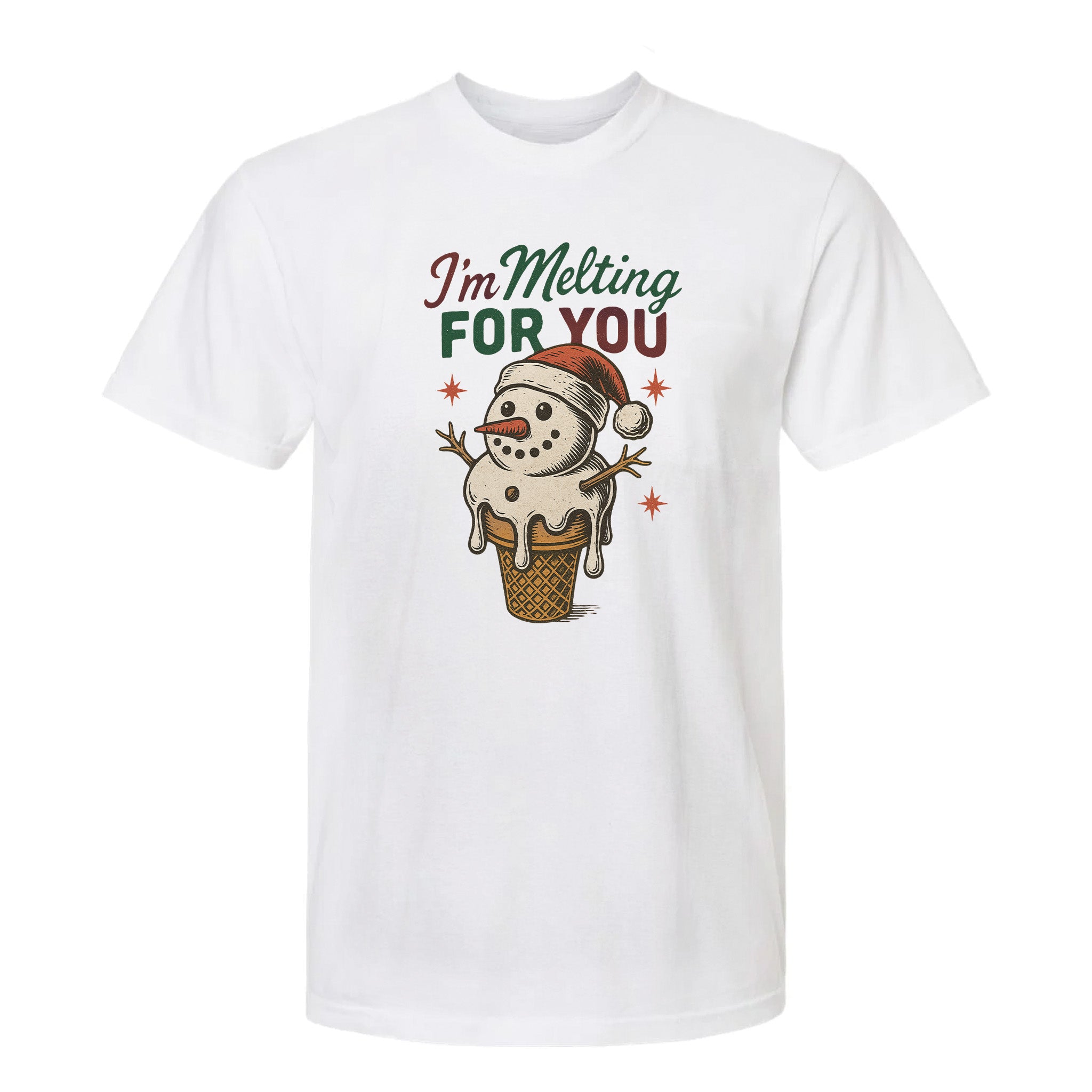 White Christmas graphic t-shirt with a snowman in an ice cream cone graphic and text "I'm Melting For You".