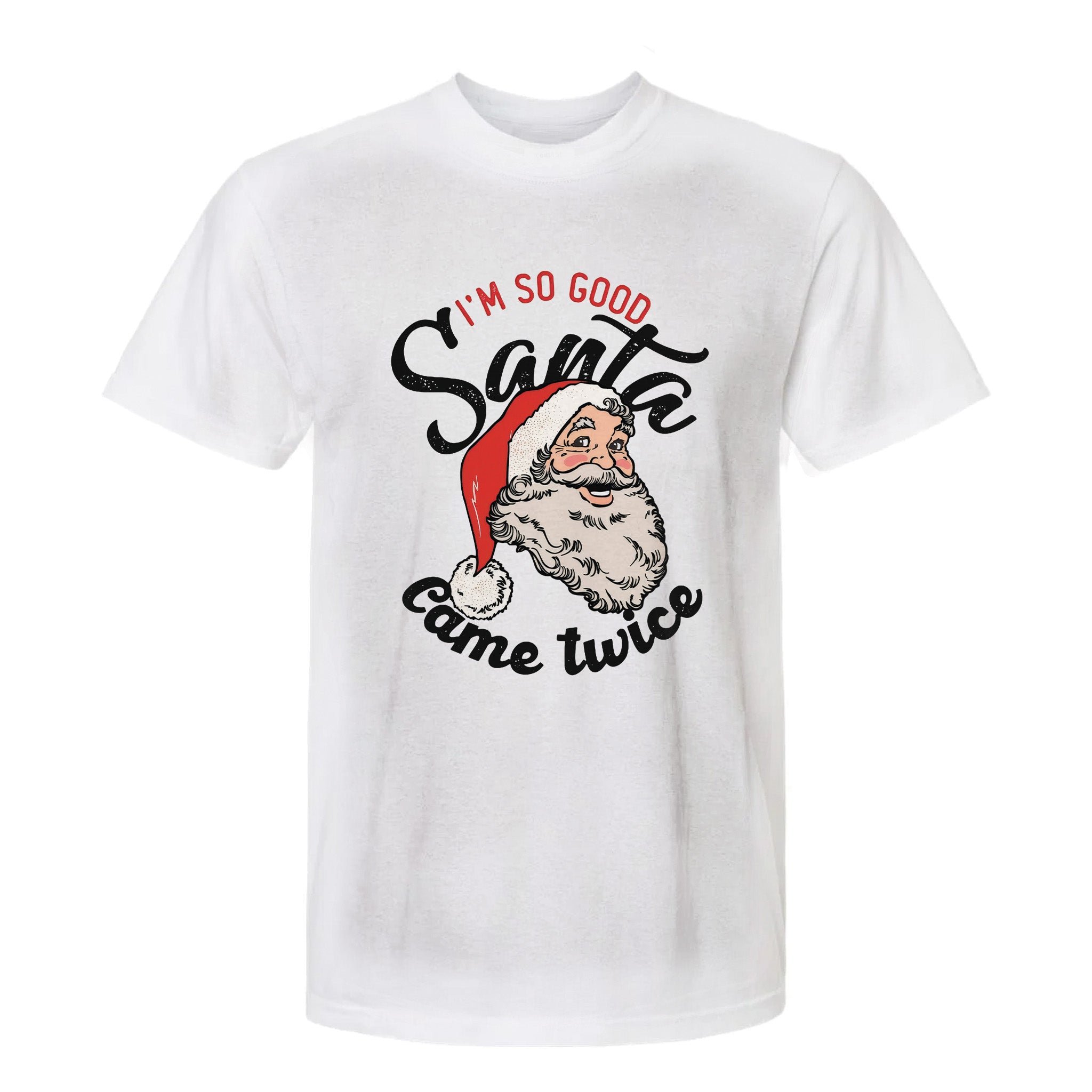 White Christmas graphic t-shirt with vintage Santa illustration and the text 'I'm So Good Santa Came Twice'.