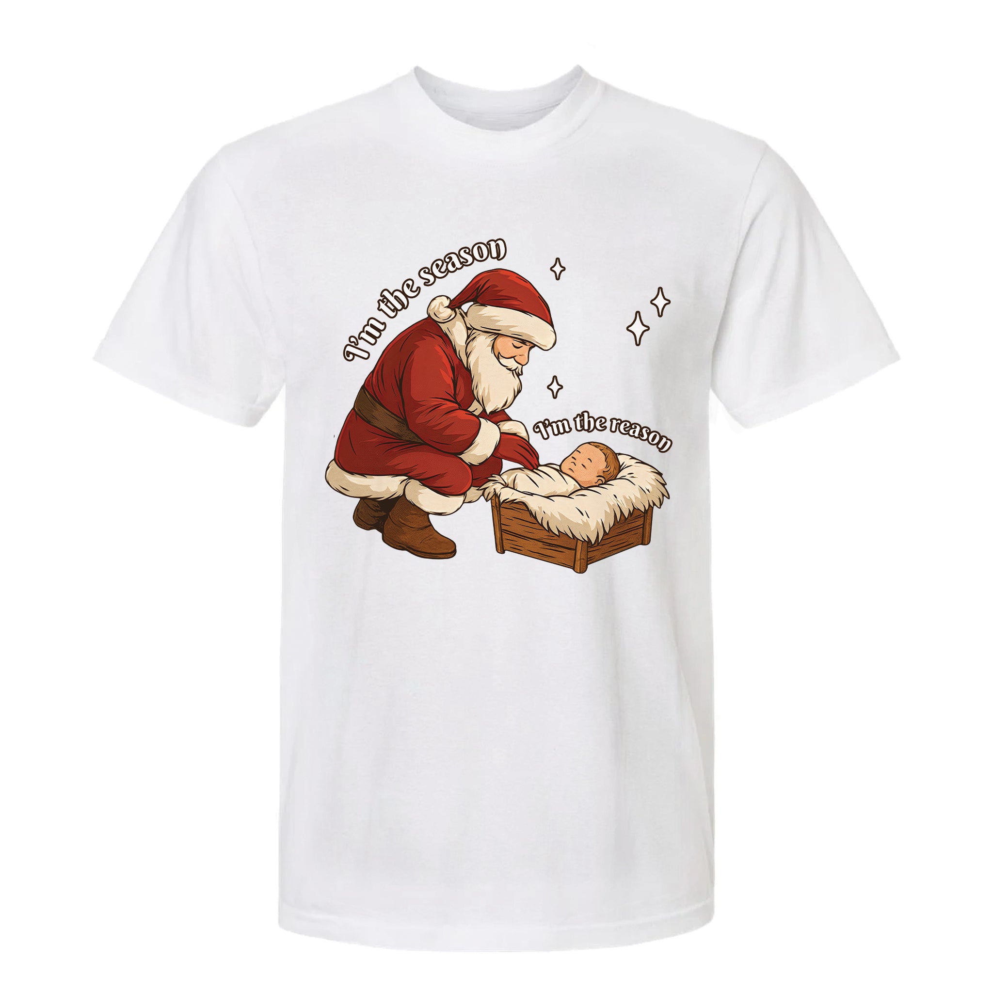 White Christmas graphic t-shirt with Santa, baby and text 'I'm The Season I'm The Reason'