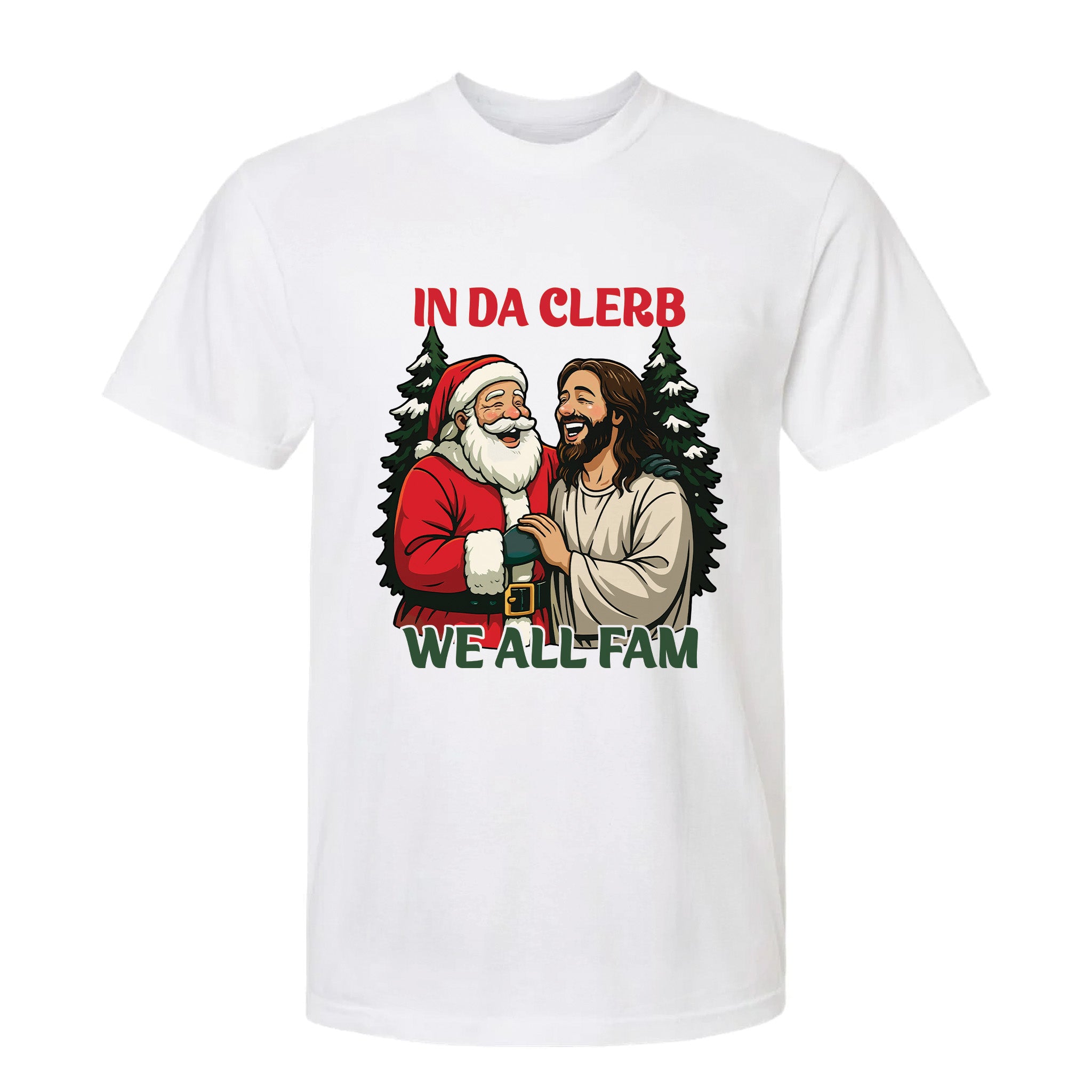 White Christmas graphic t-shirt with Santa and Jesus illustration, featuring the text 'In Da Clerb We All Fam'.
