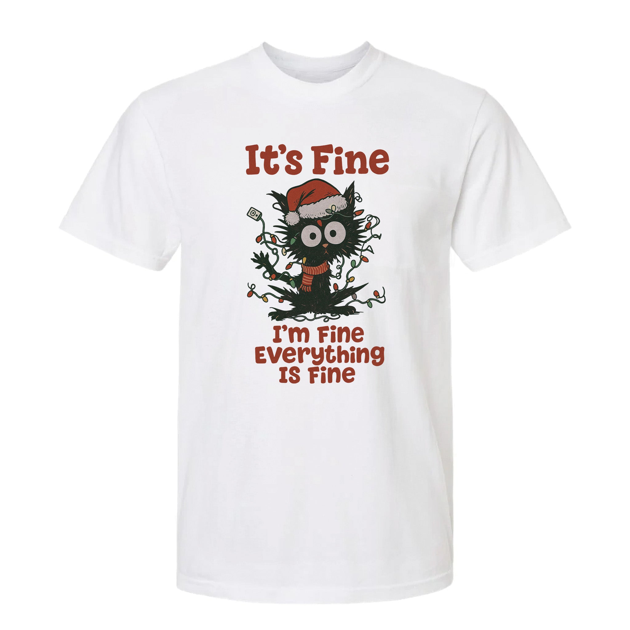 White Christmas graphic t-shirt with funny black cat wearing Santa hat and tangled lights, featuring the text 'It’s Fine I’m Fine Everything Is Fine'.