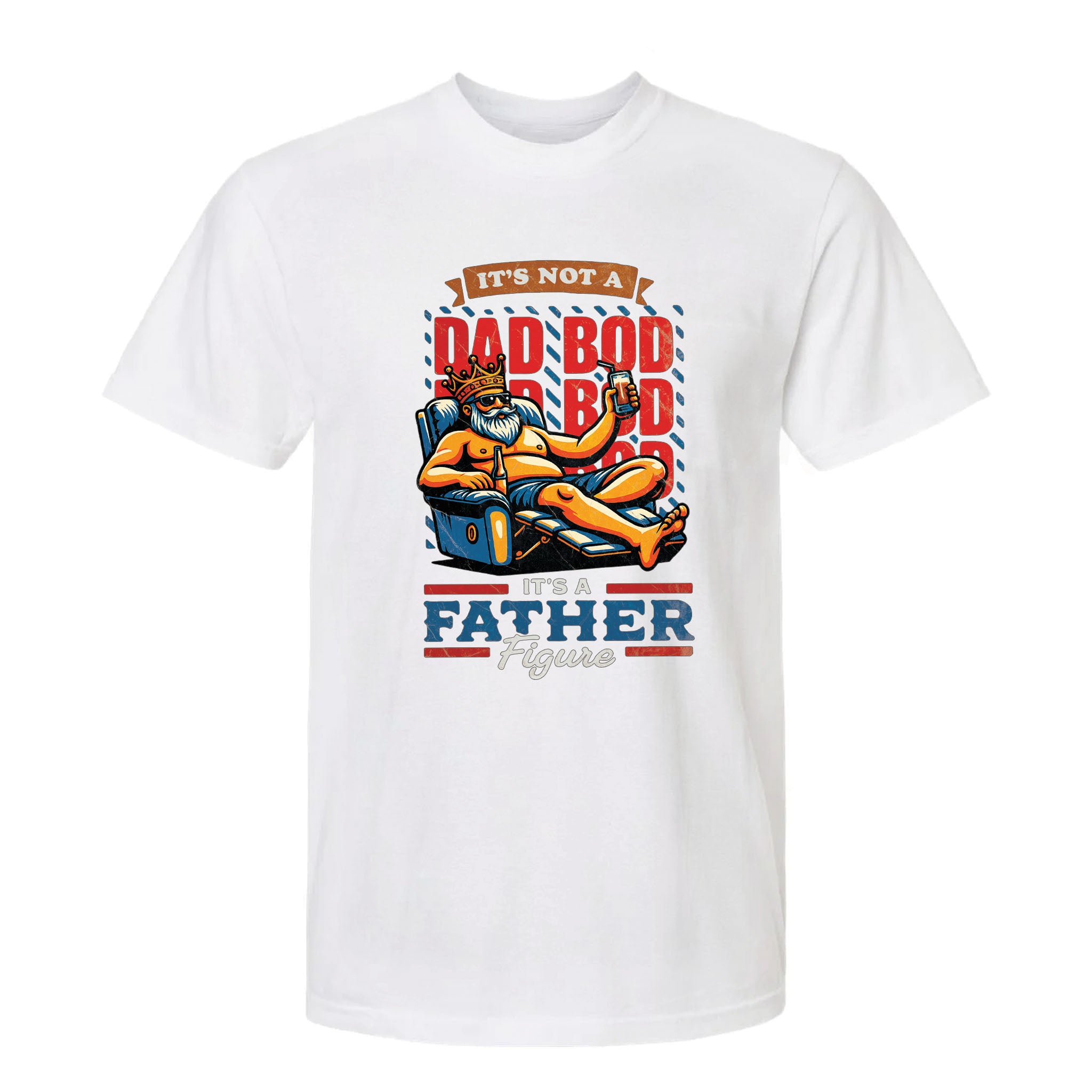 White funny graphic t-shirt featuring a bearded man relaxing in a blue armchair with the text "IT'S NOT A DAD BOD IT'S A FATHER FIGURE."