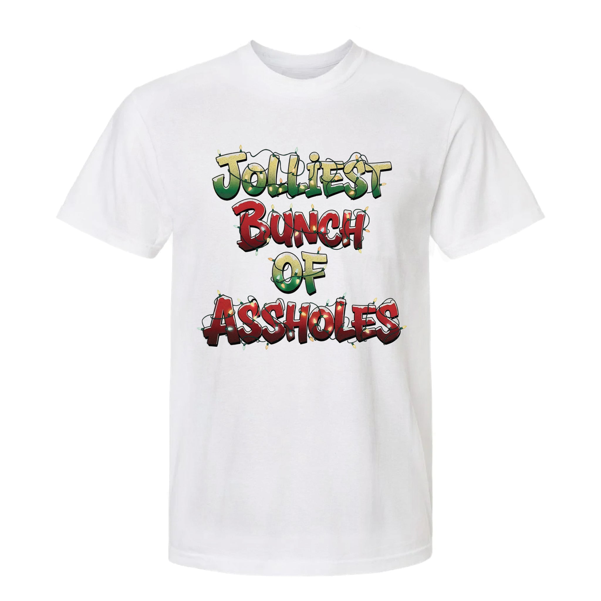 White Christmas graphic t-shirt with the text 'Jolliest Bunch of Assholes' in festive holiday lights design.