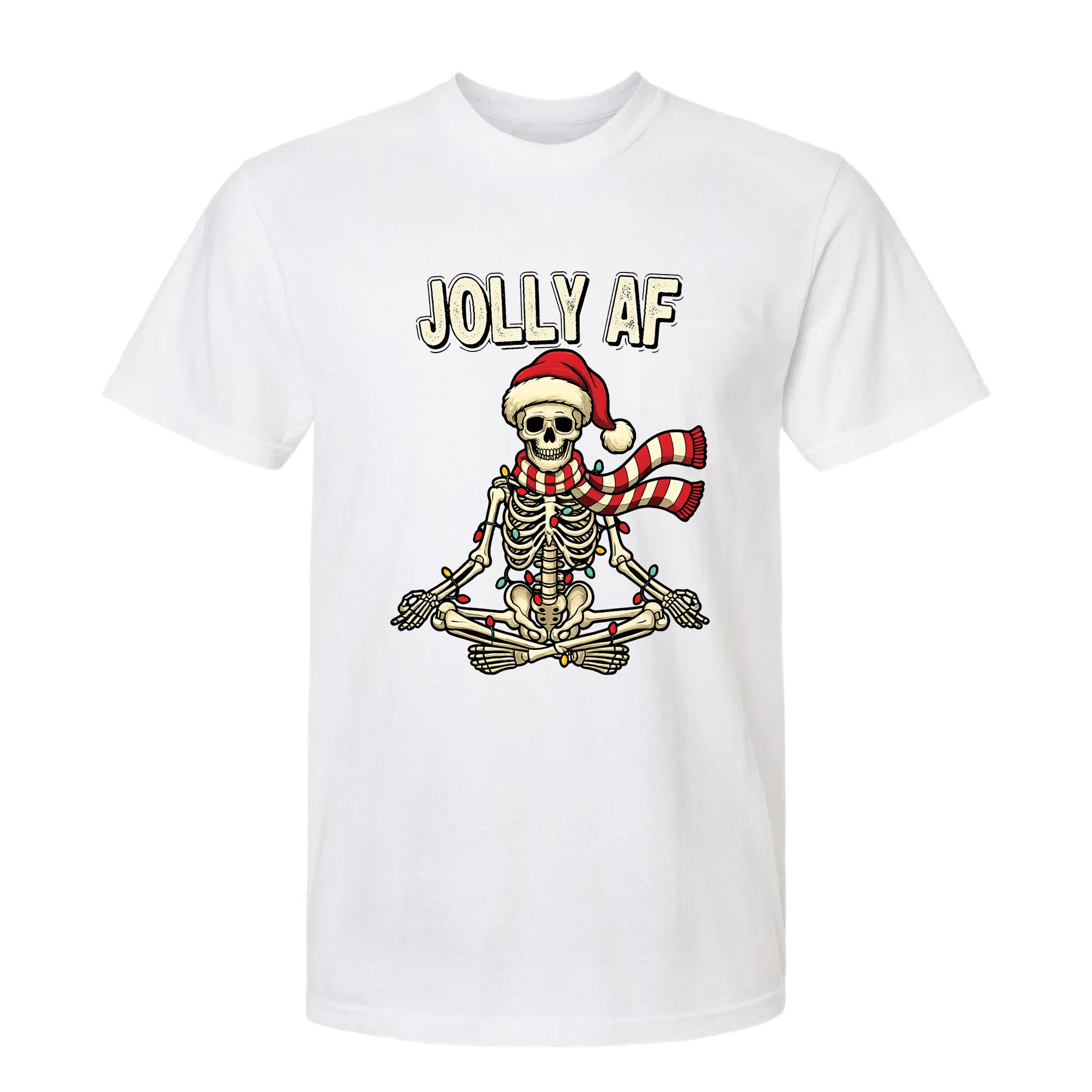 White Christmas graphic t-shirt with a skeleton wearing a Santa hat and scarf, wrapped in lights, and text ‘Jolly AF’.