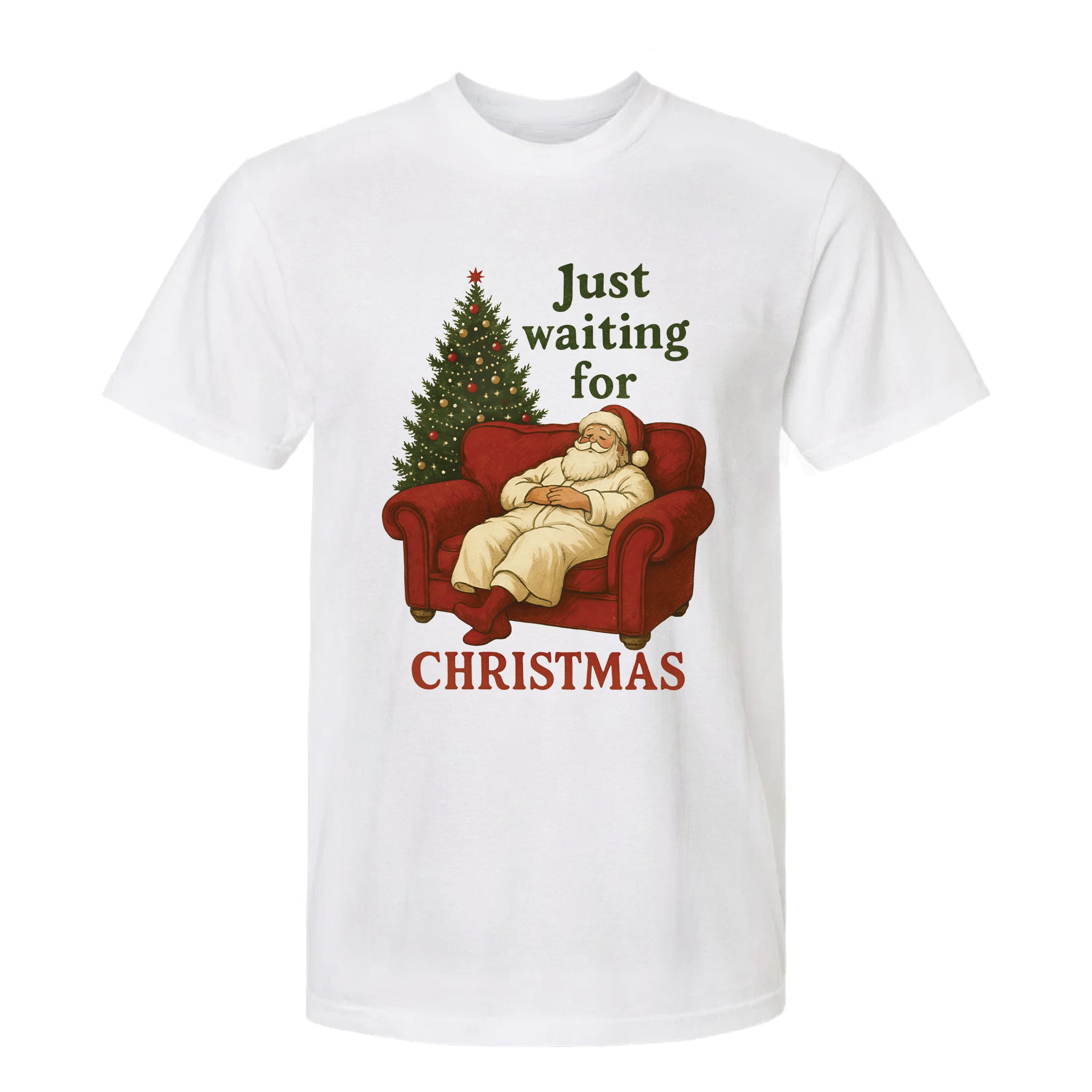 White Christmas graphic t-shirt with text 'Just Waiting For Christmas'
