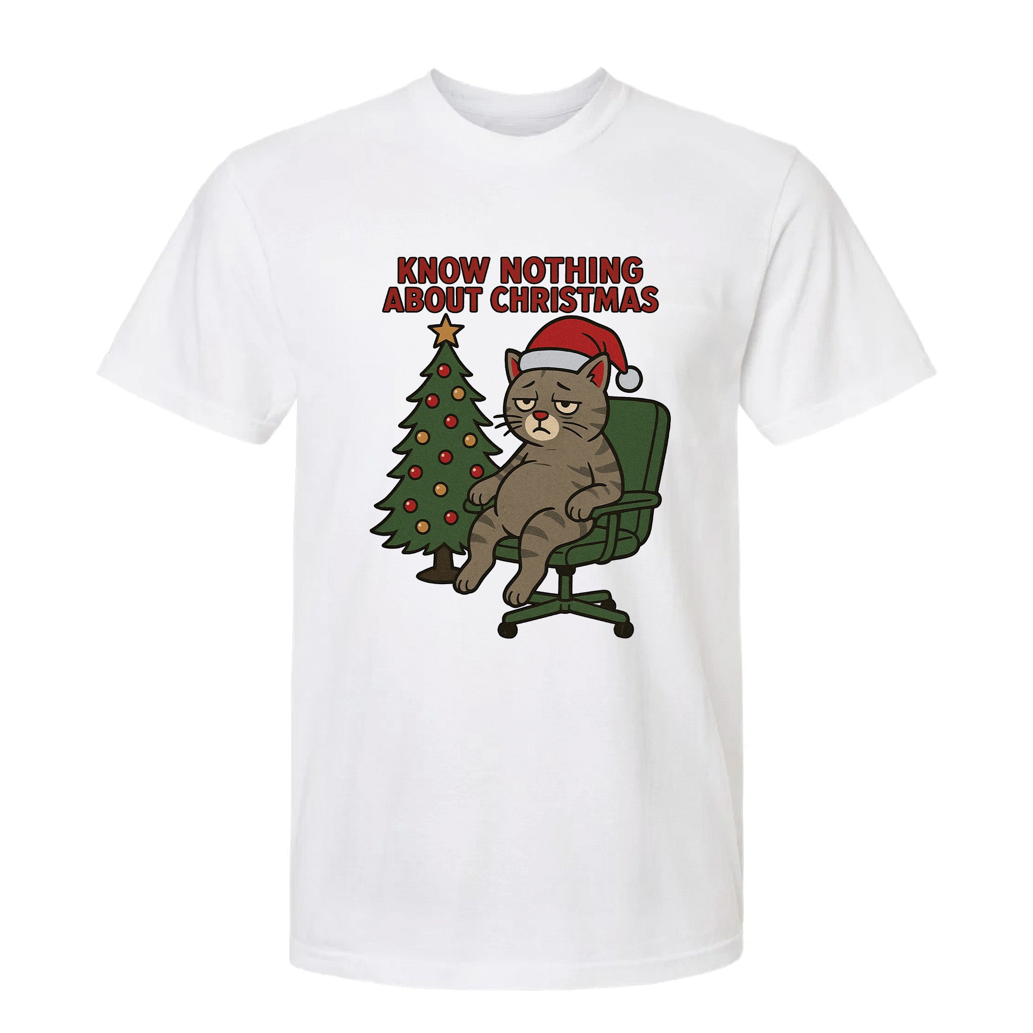 White Christmas graphic t-shirt with a cat sitting on a Christmas tree and text 'Know Nothing About Christmas'.