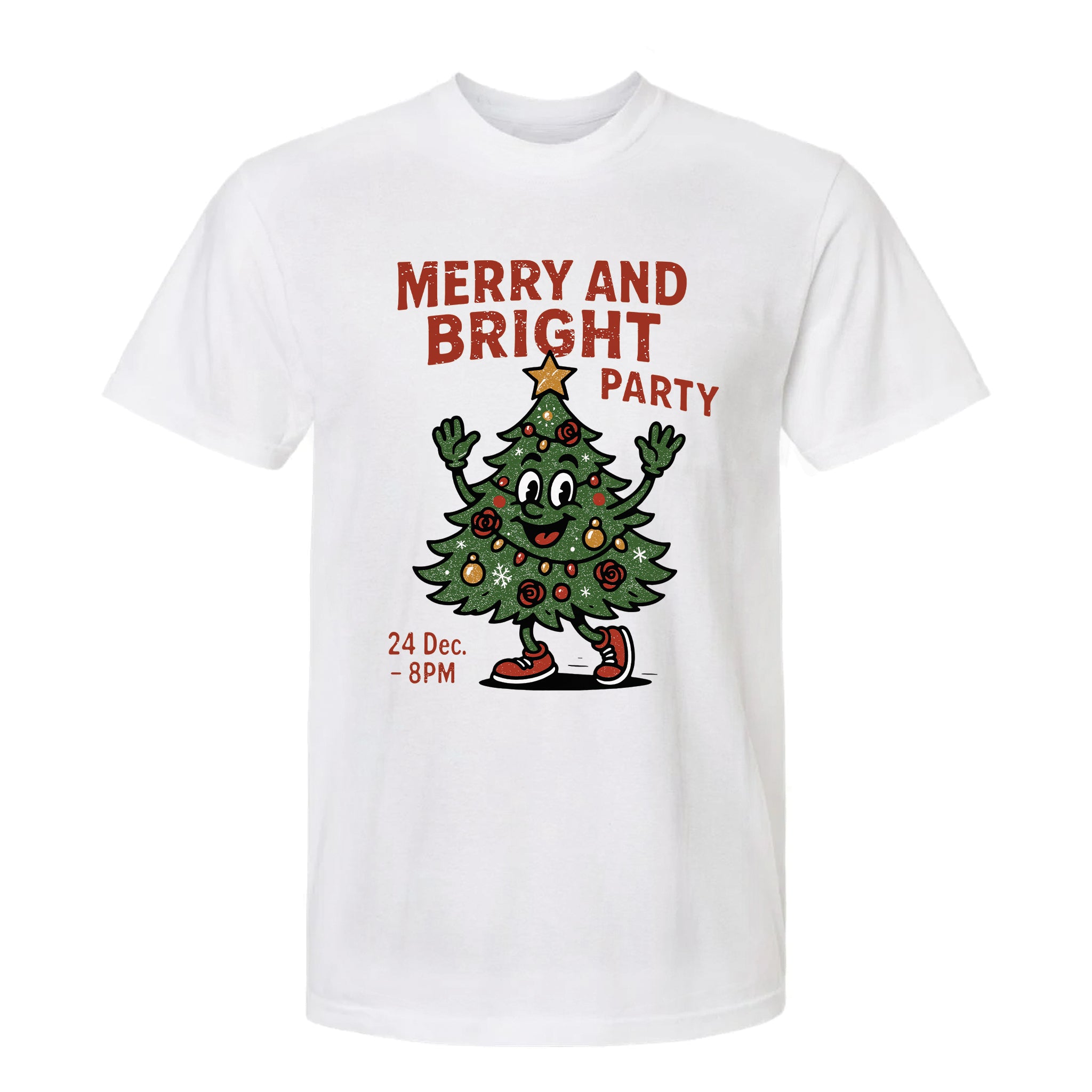 White Christmas t-shirt with a Christmas tree design and text 'Merry And Bright Party'