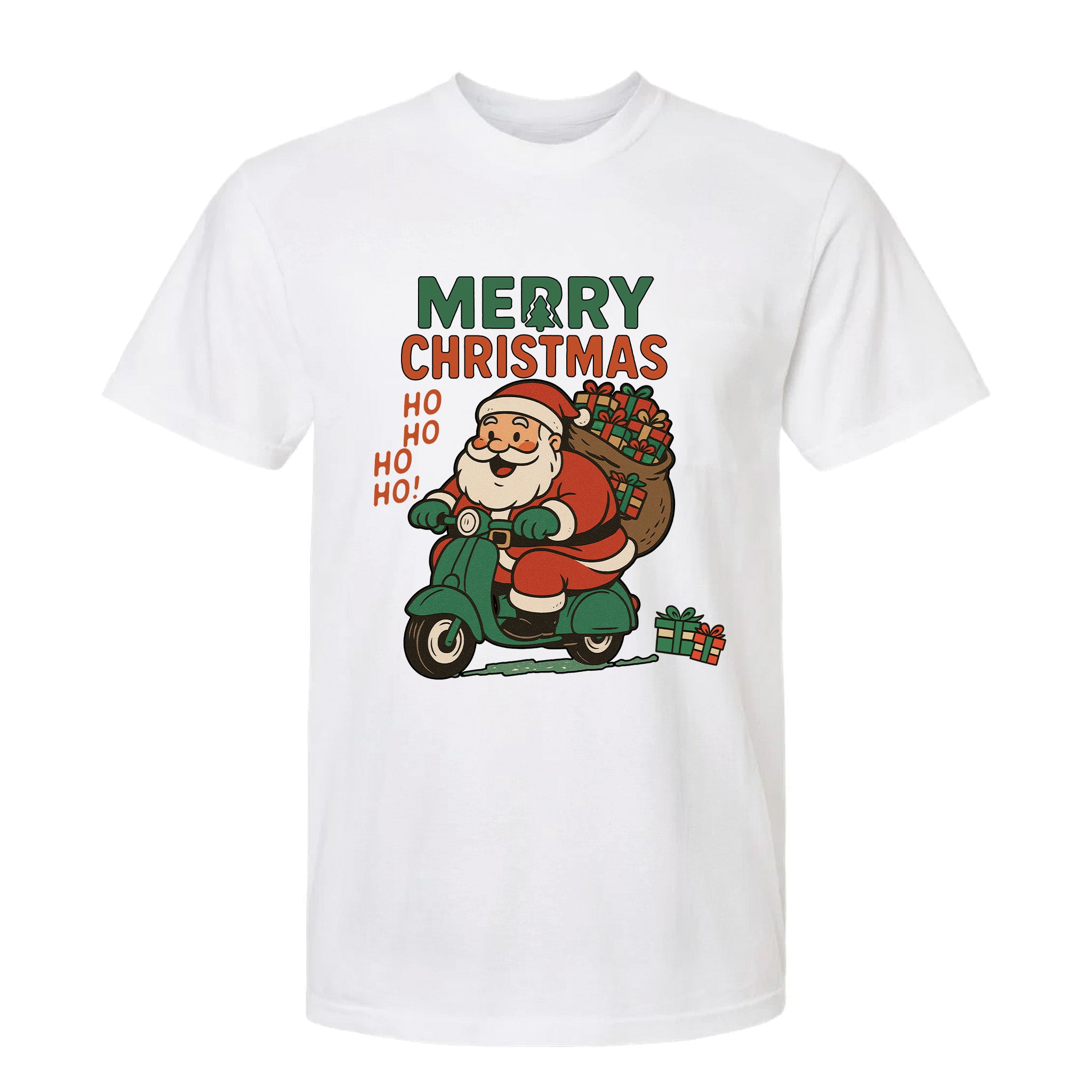 White Christmas graphic t-shirt with vintage Santa delivering presents on scooter, text: "MERRY CHRISTMAS HO HO HO HO!"