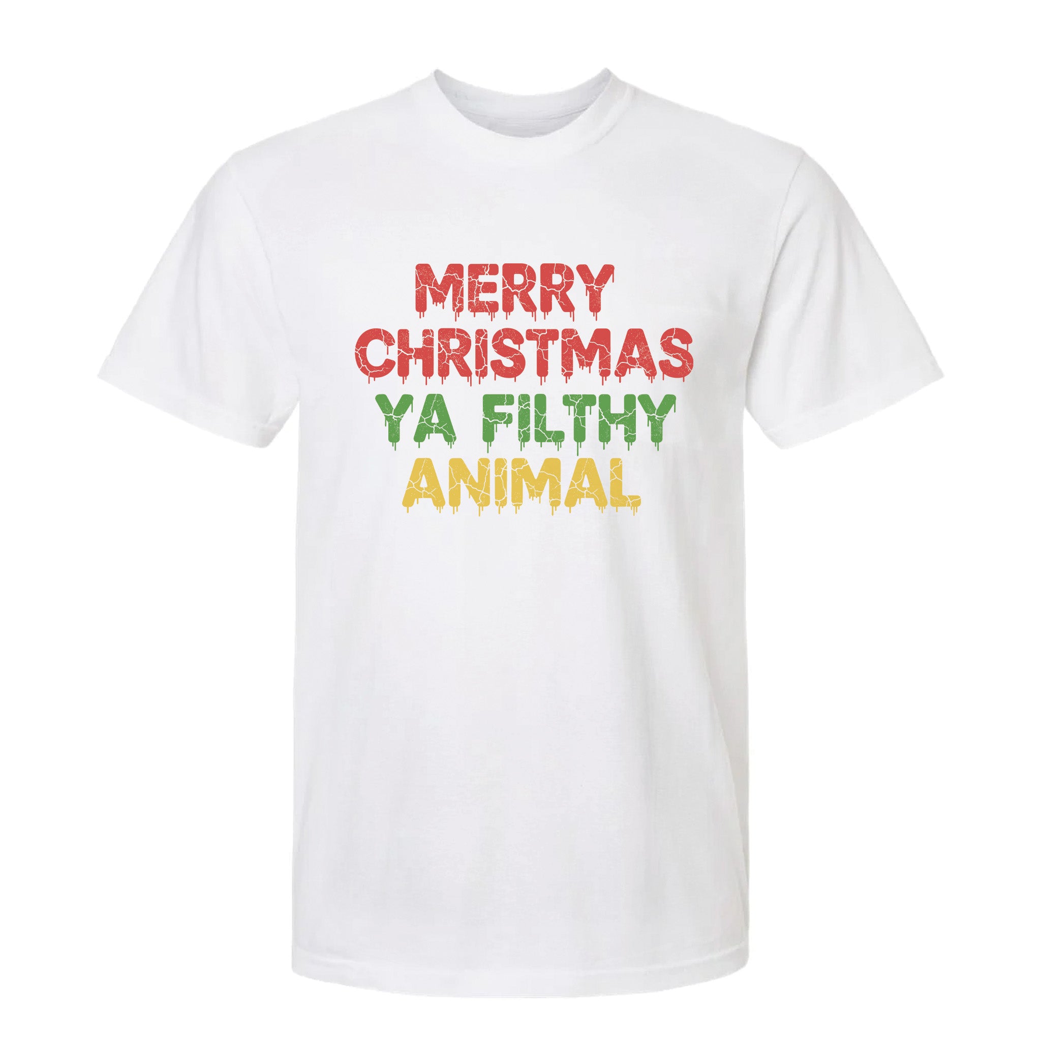 White Christmas graphic t-shirt with text 'Merry Christmas Ya Filthy Animal'