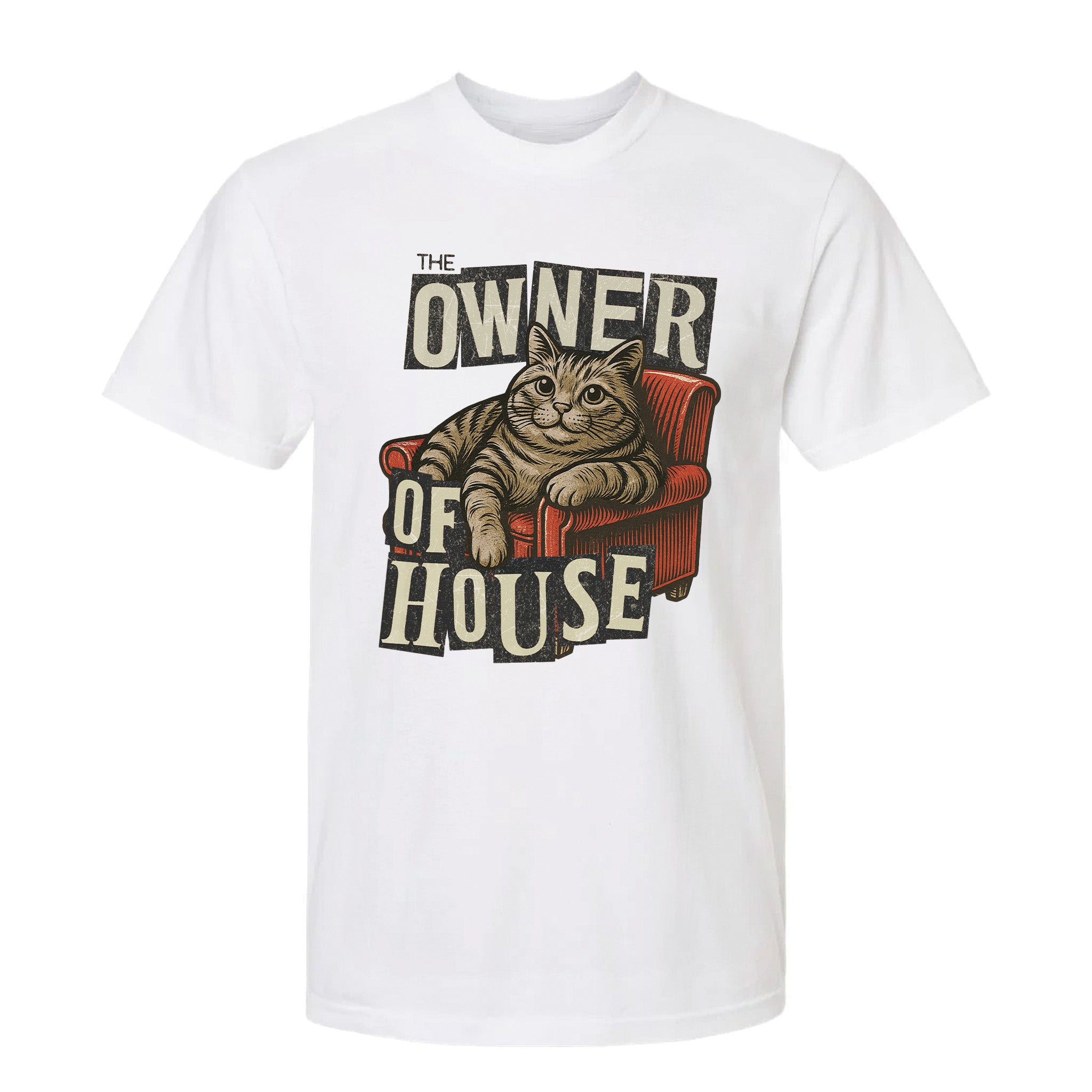 White funny graphic t-shirt with a cat graphic and "Owner of House" text