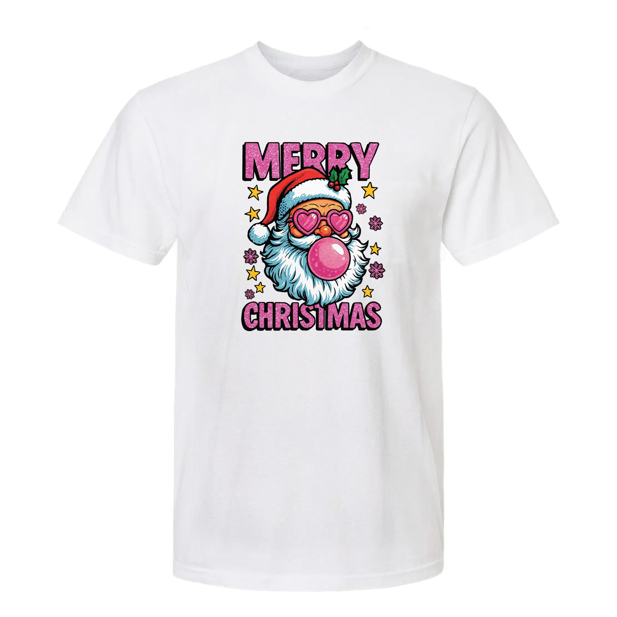 White Christmas graphic t-shirt featuring Santa with heart-shaped glasses blowing pink bubbles and the text 'Merry Christmas'.