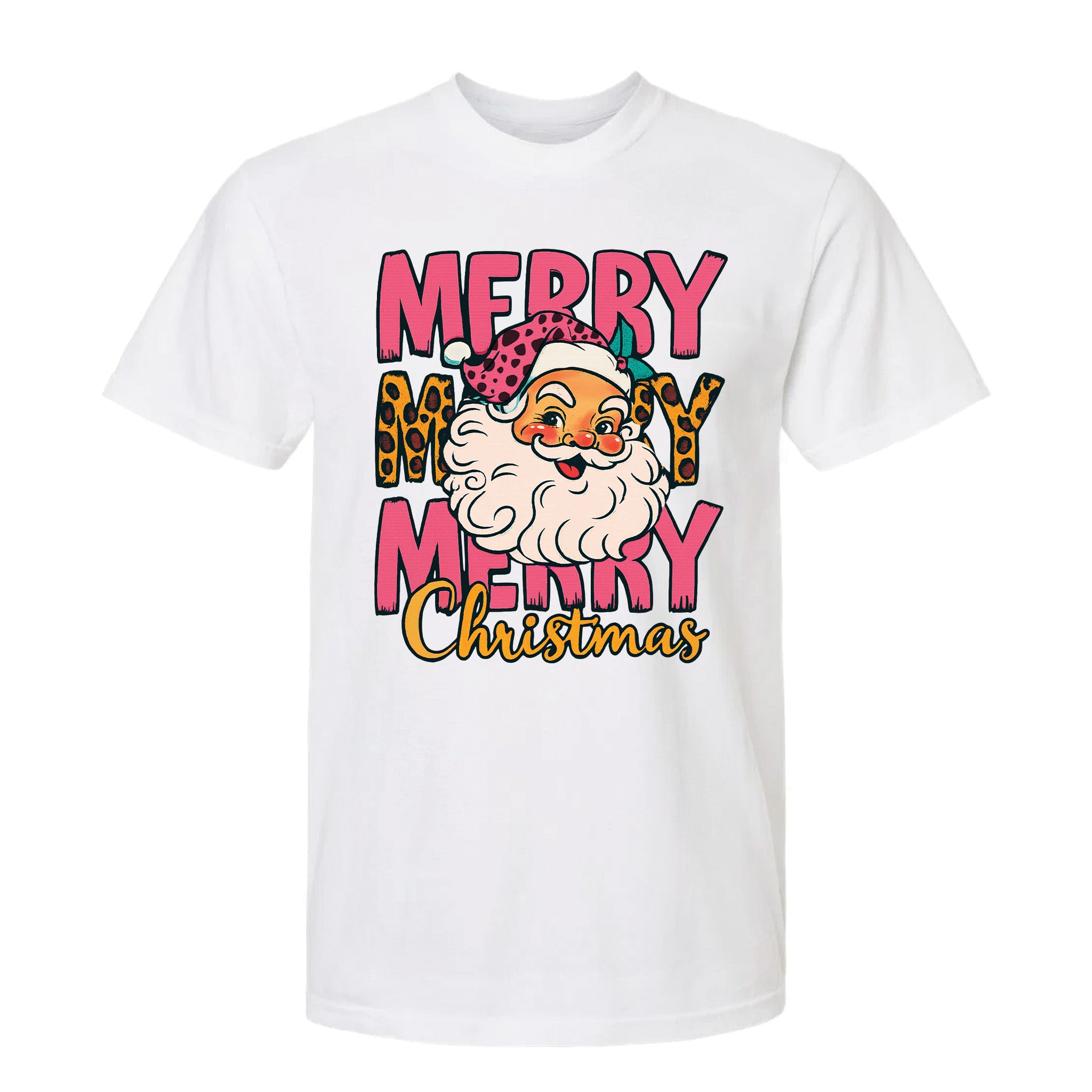 White Christmas graphic t-shirt with colorful Santa and pink/leopard text: "MERRY MERRY MERRY Christmas."