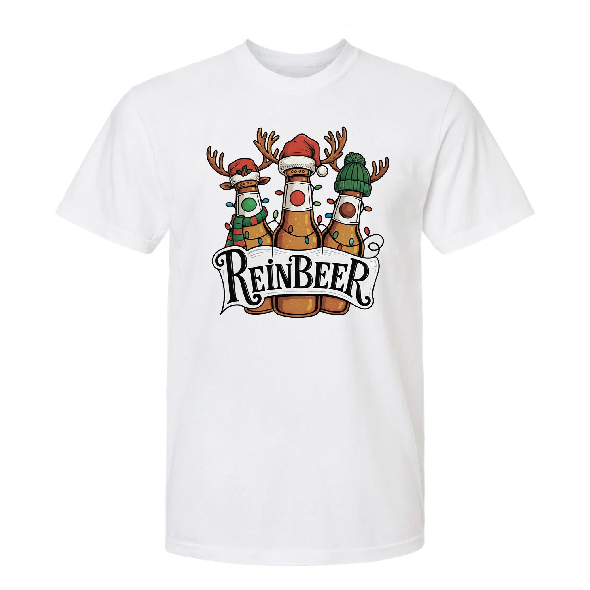 White Christmas graphic t-shirt with text "Reinbeer" featuring bottles of beer with antlers and Christmas hats.