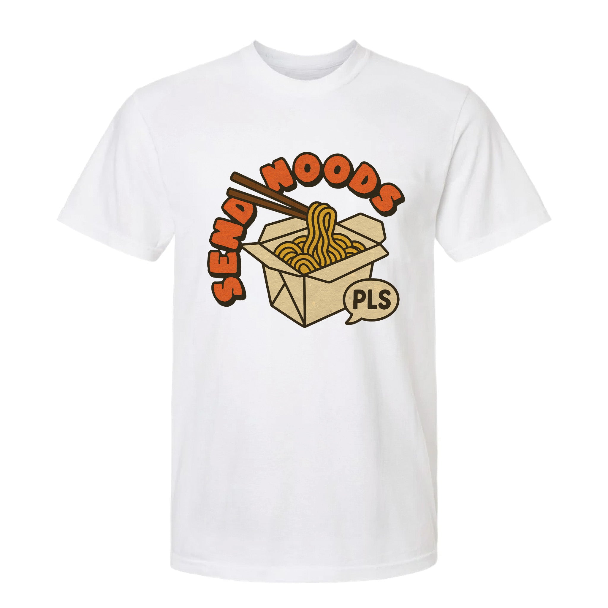 White funny graphic t-shirt with a graphic of a ramen box and text 'SEND NOODS PLS'