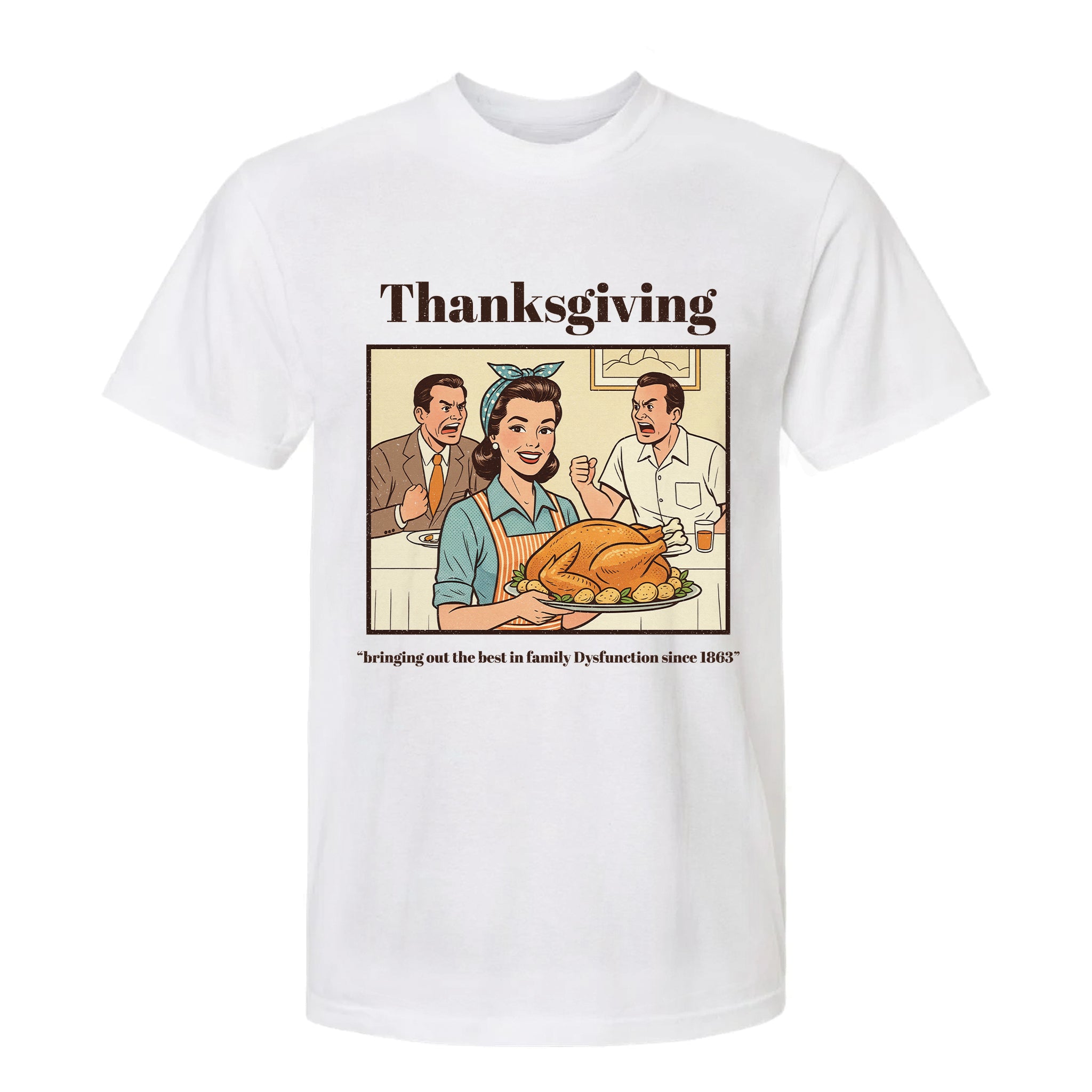 White Thanksgiving graphic t-shirt with a graphic of a family around a Thanksgiving turkey and text.