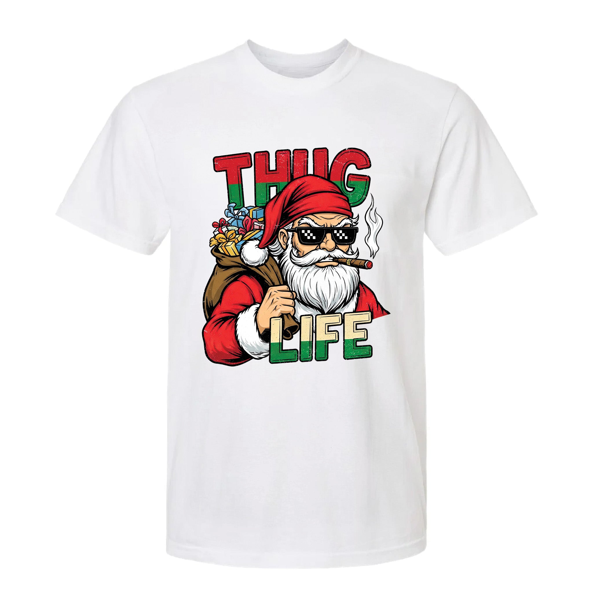 White Christmas graphic t-shirt with a graphic design featuring a character with 'Thug Life' text.