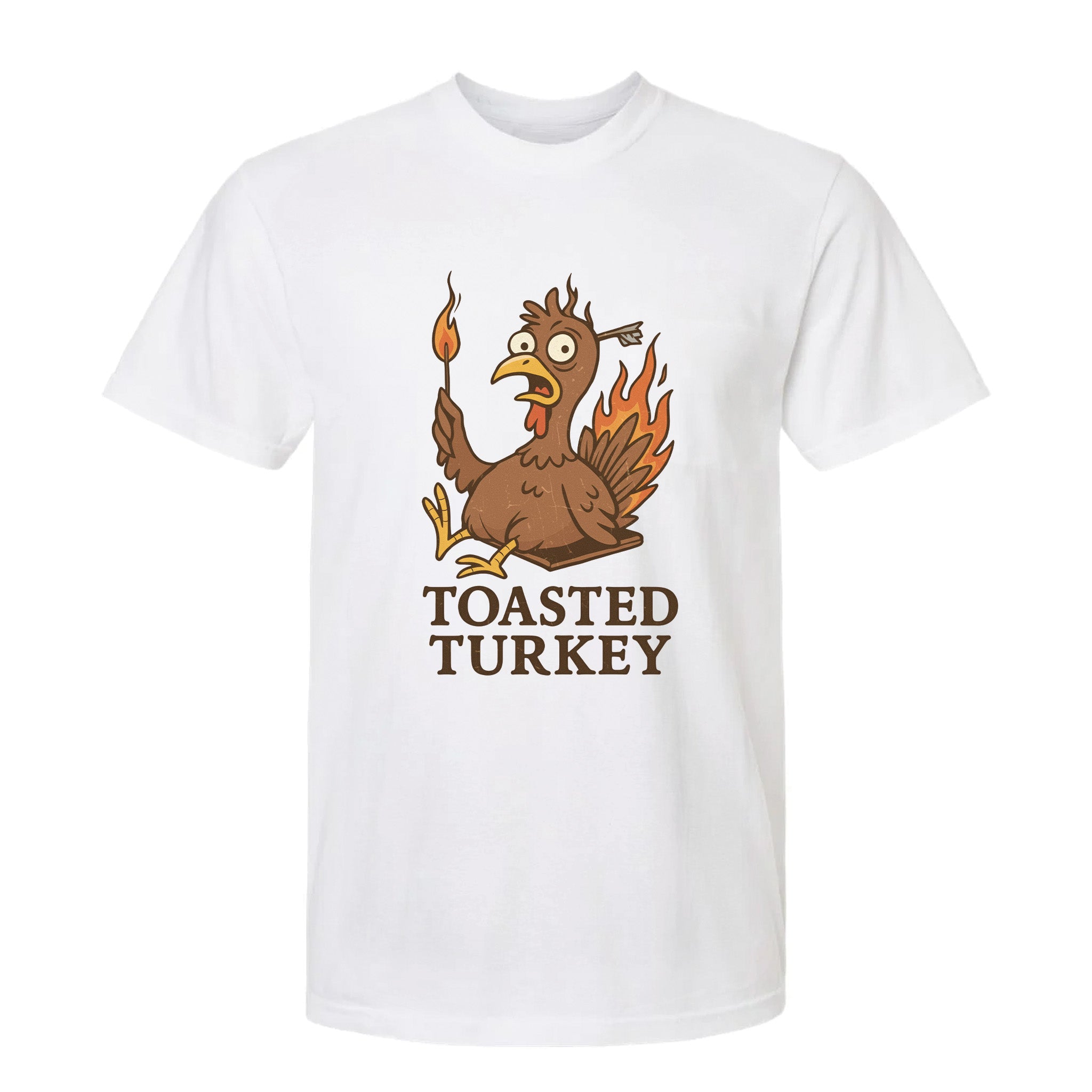 White Thanksgiving t-shirt with a cartoon turkey graphic and 'Toasted Turkey' text on a white background