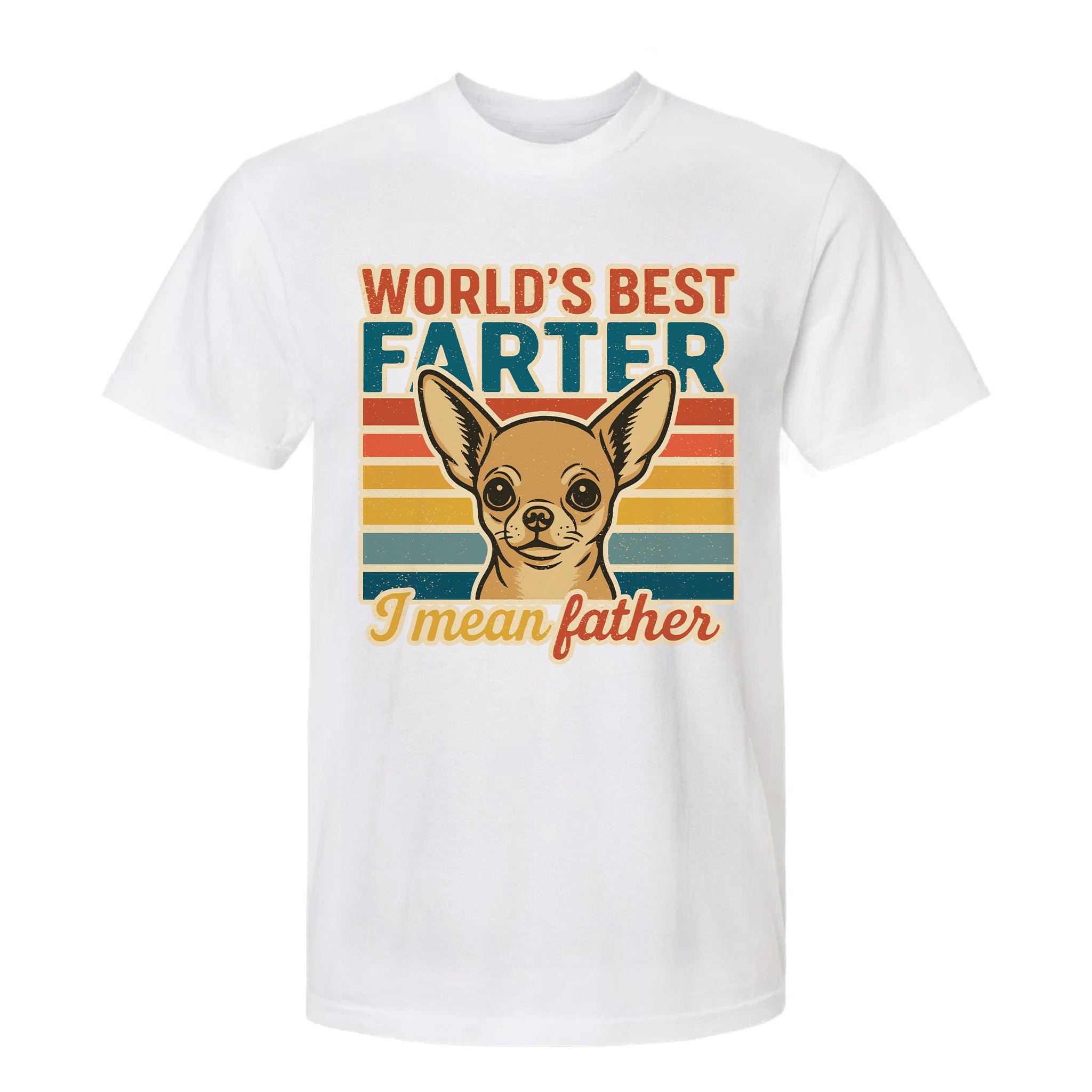White funny graphic t-shirt with dog and text 'World's Best Farter I Mean Father'